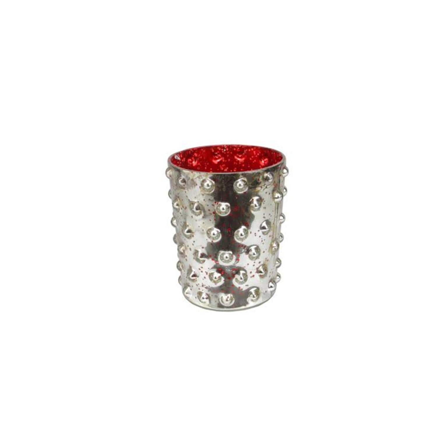 5&#x22; Red &#x26; Silver Hobnail Mercury Glass Votive Candle Holder