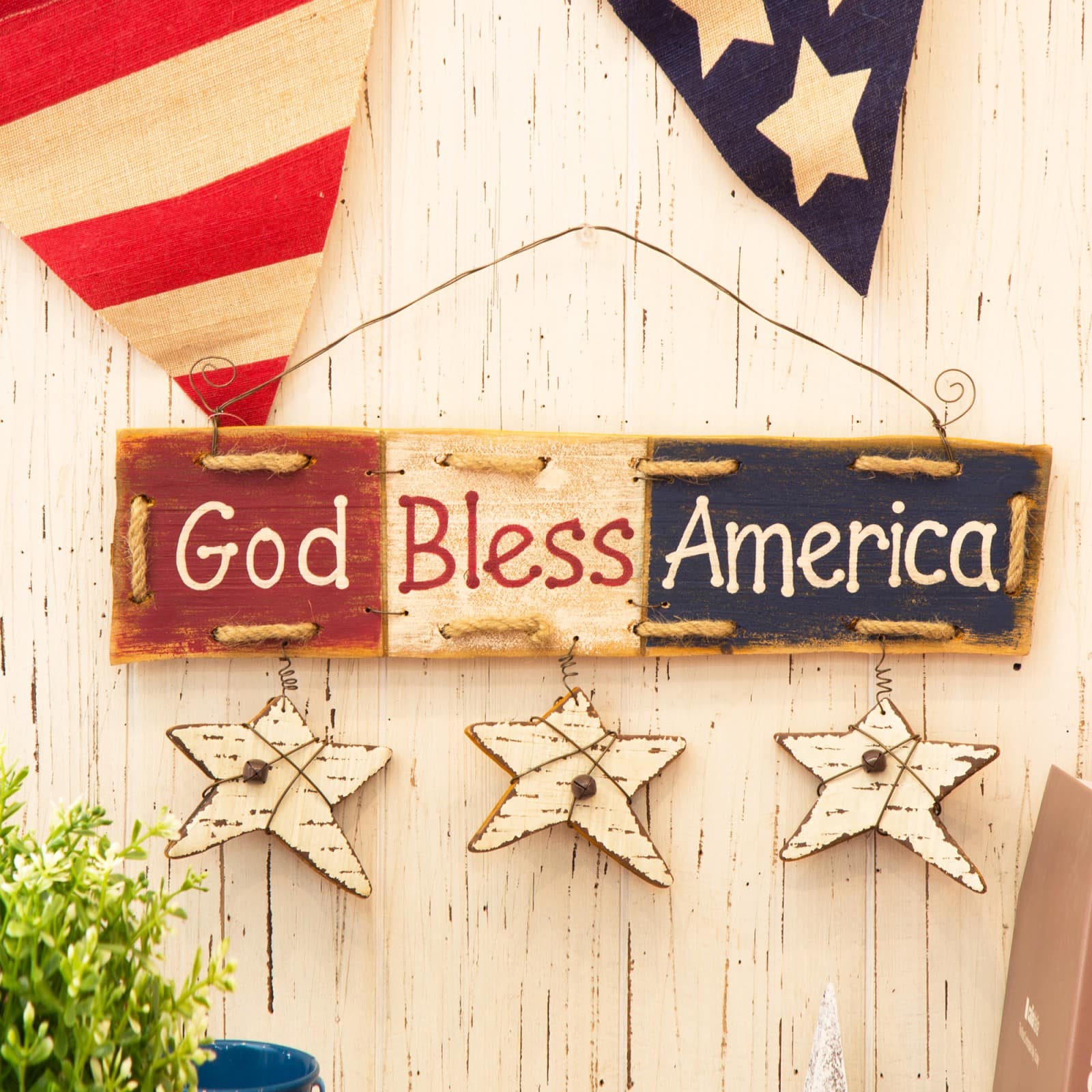 Glitzhome® Wooden God Bless America Hanging Wall Sign With Stars