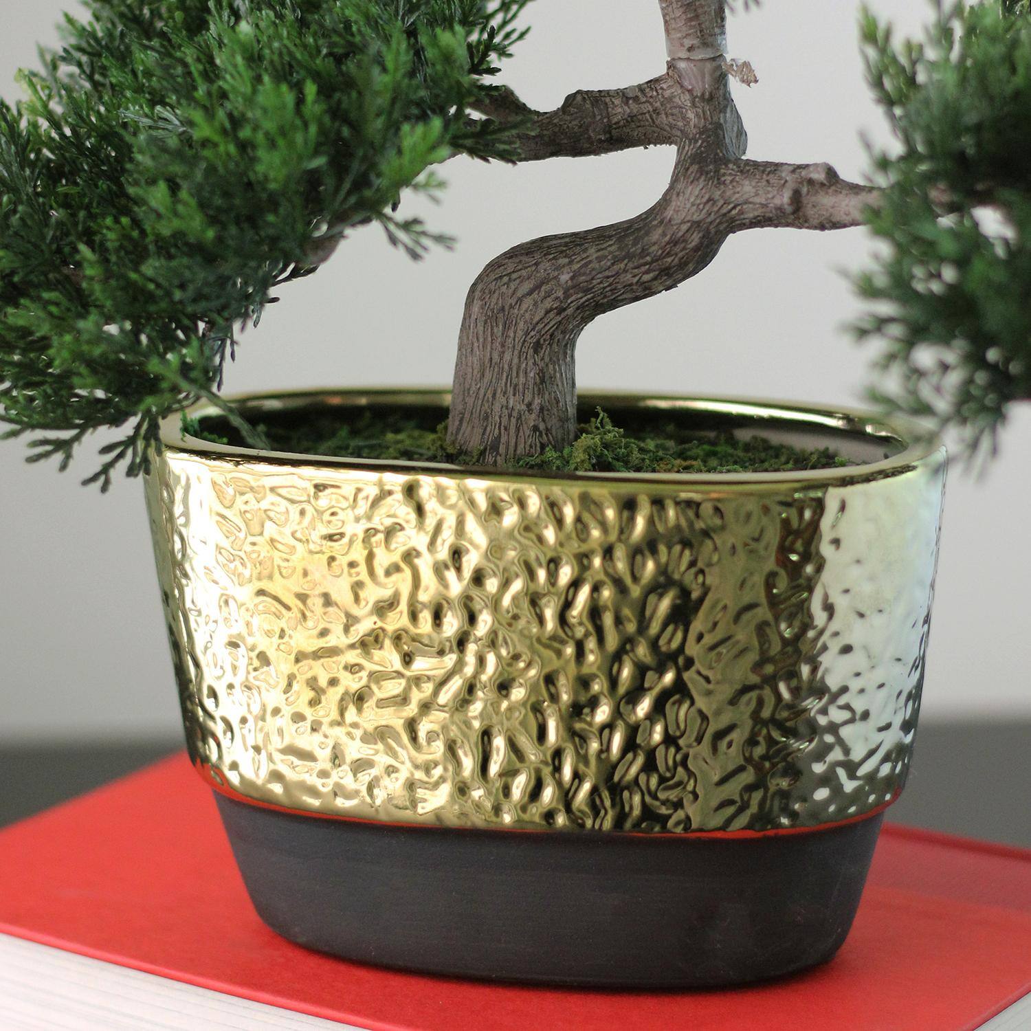 10&#x22; Green Artificial Bonsai Tree in Gold Plated Ceramic Pot