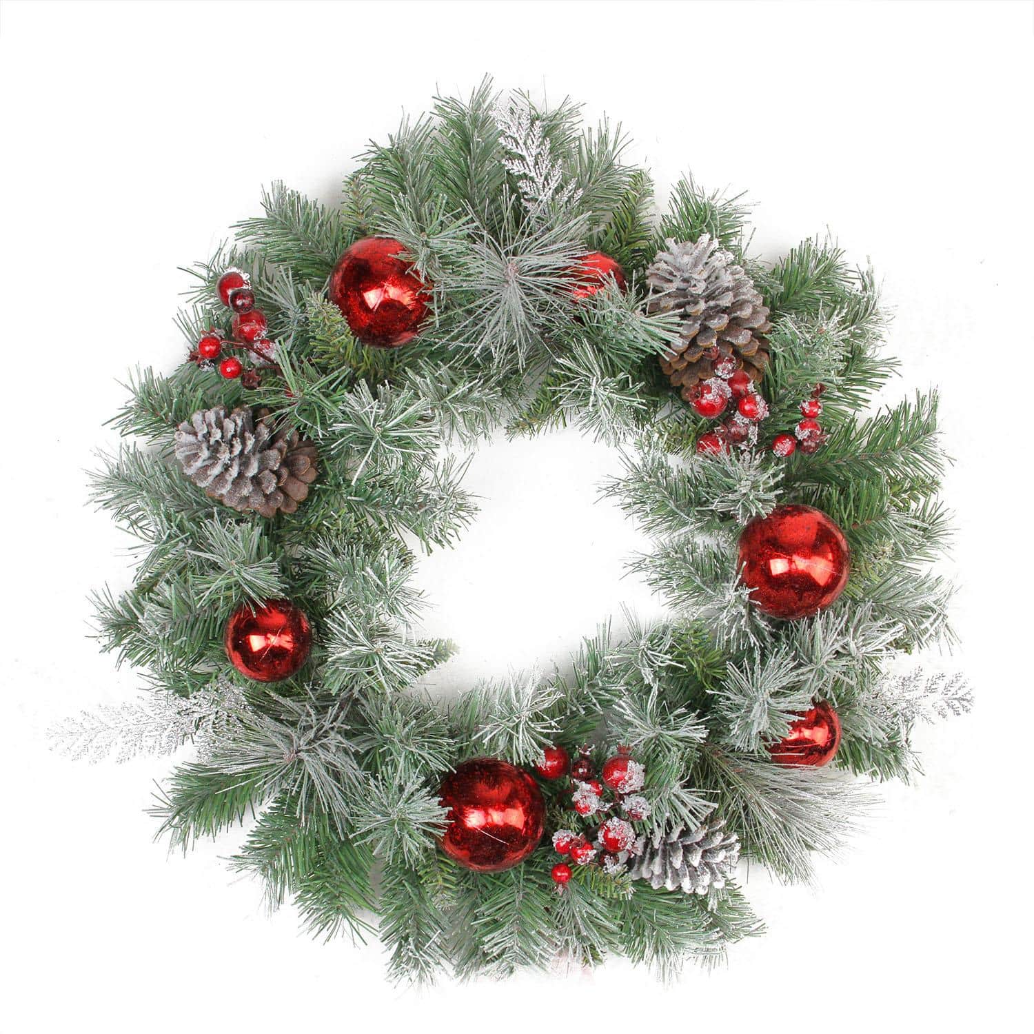24" Flocked Pine Red Ball Berries & Silver Cedar Artificial Wreath, Unlit