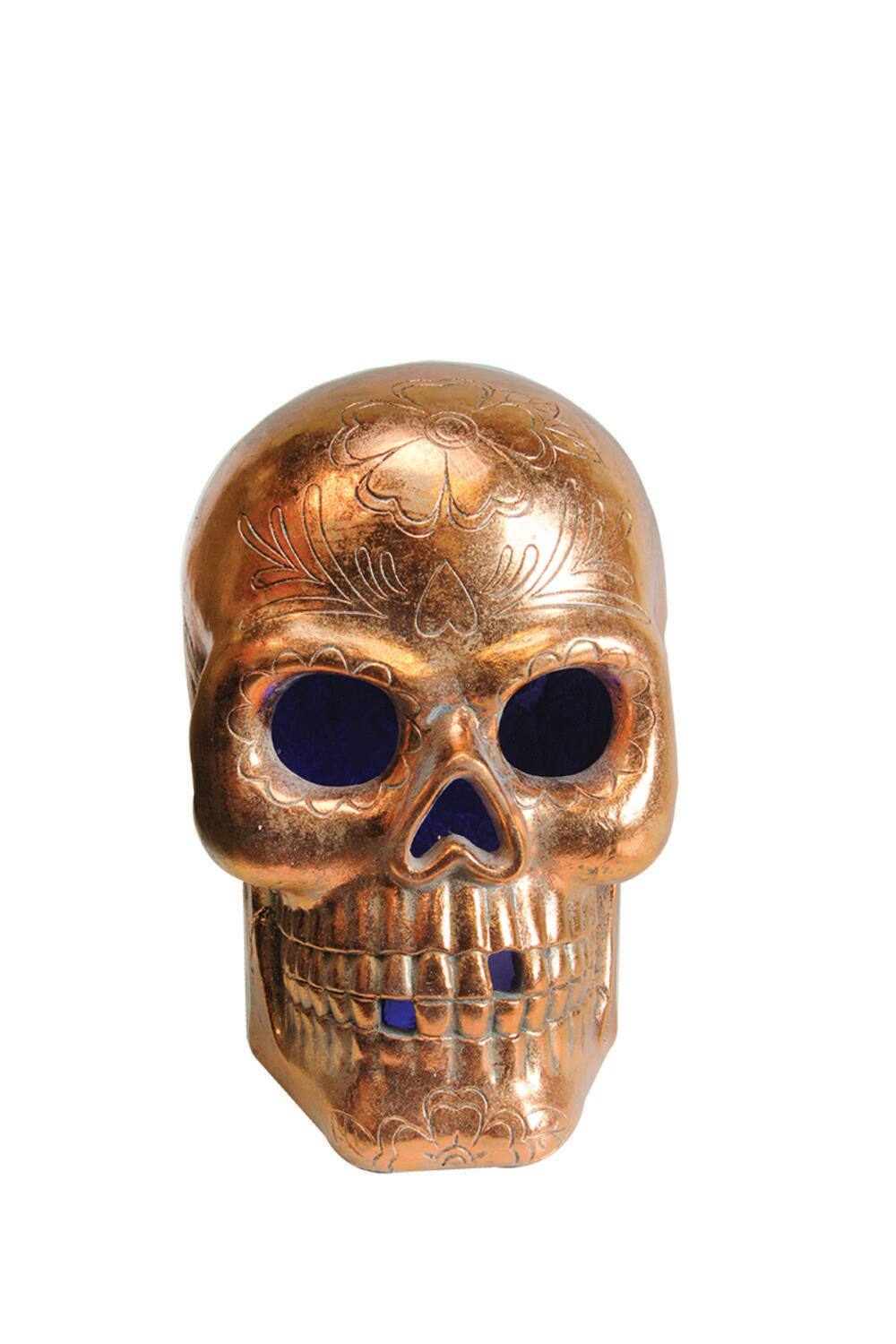 14" LED Lighted Copper Metallic Day of the Dead Skull Halloween Decoration