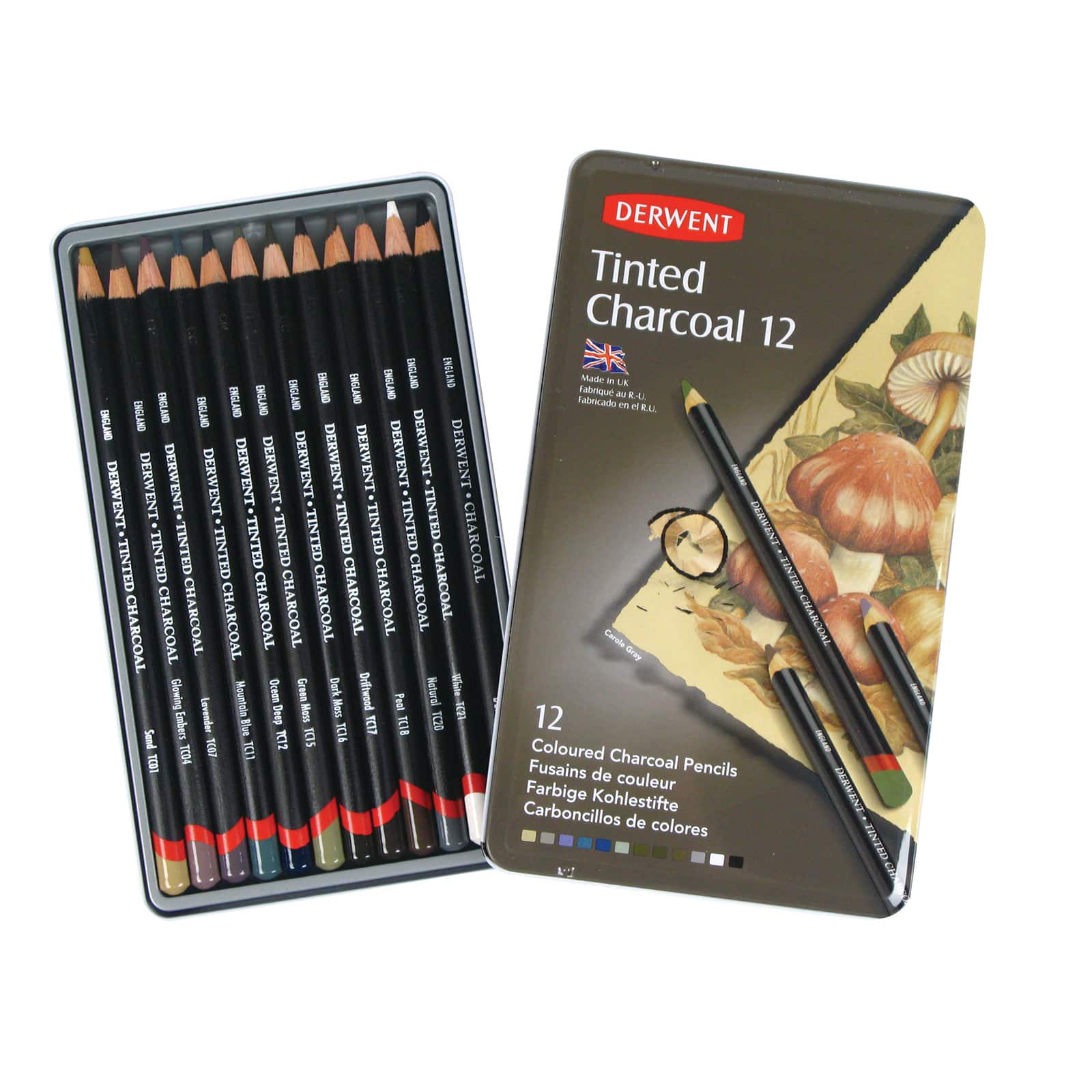 Derwent Tinted Charcoal Pencils, 4mm Core, Metal Tin, 24 Count (2301691)