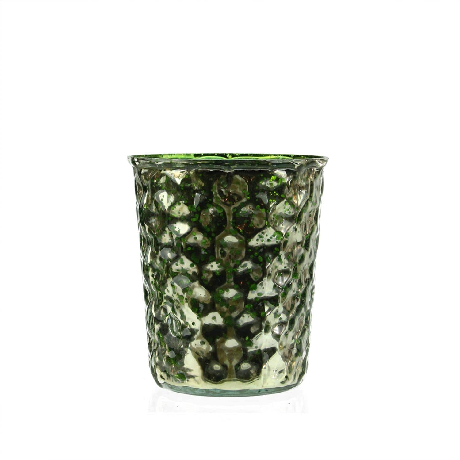 4" Green & Silver Hammered Mercury Glass Votive Candle Holders, Set Of 4