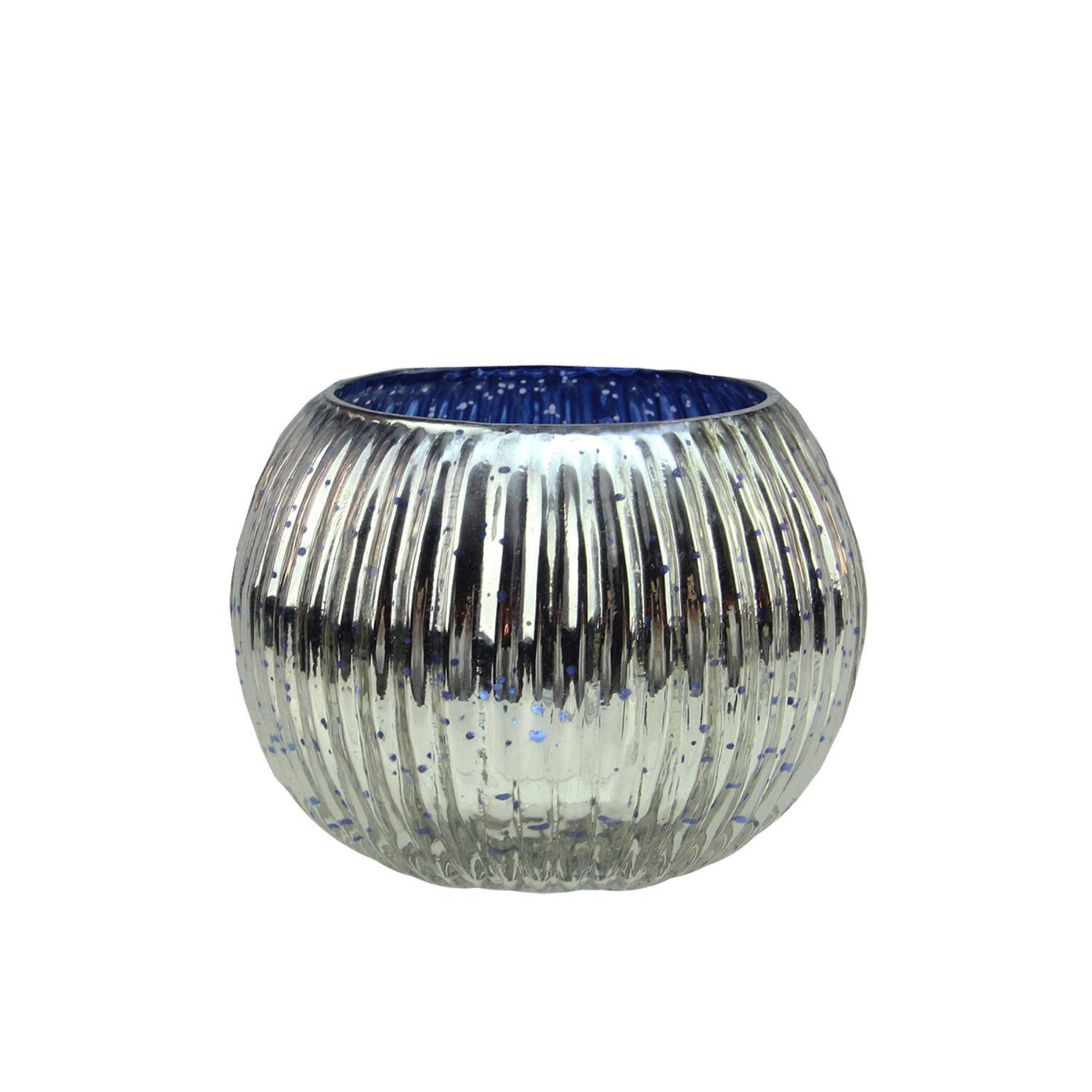 3.25" Blue & Silver Ribbed Round Mercury Glass Votive Candle Holders, Set Of 4