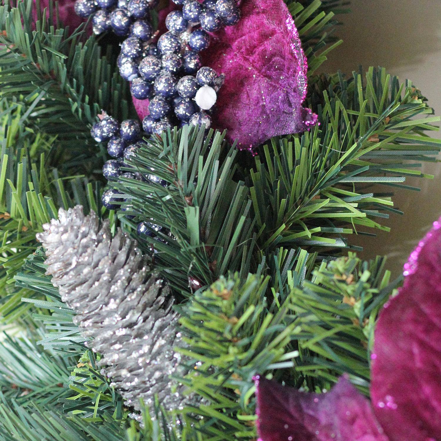 24&#x22; Two-Tone Pine with Purple Poinsettias &#x26; Berries Wreath