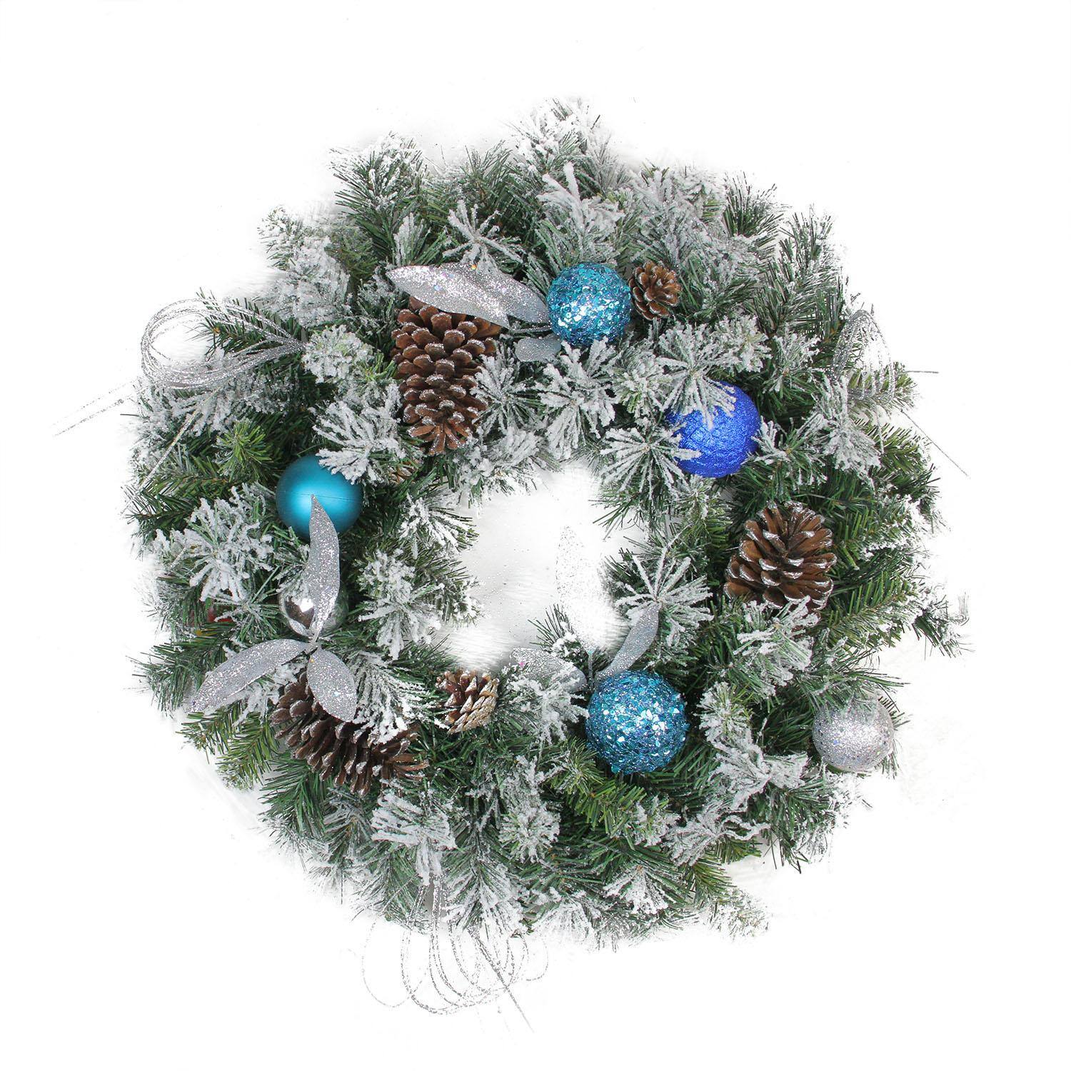24" Teal & Silver Ball Flocked with Pinecones Artificial Wreath