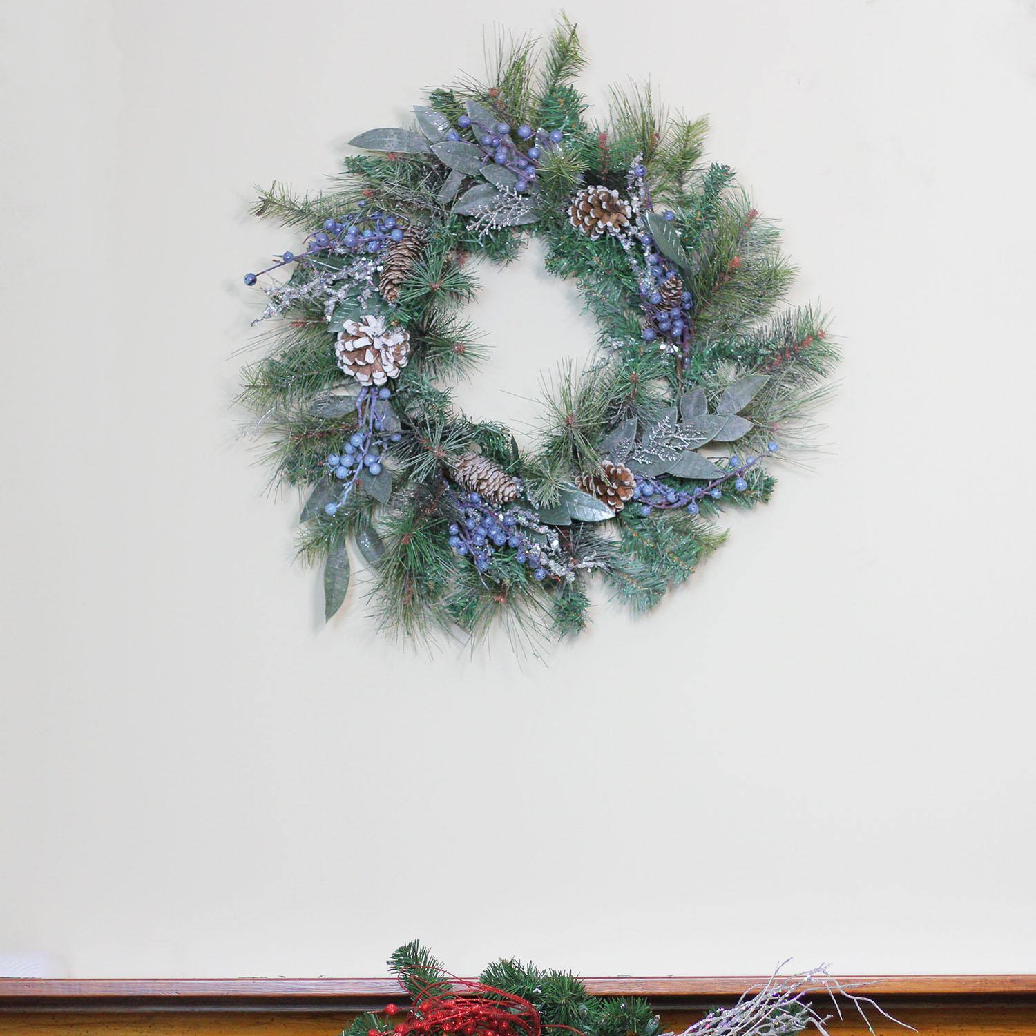 24&#x22; Mixed Pine Blueberries &#x26; Snowy Pine Cones Artificial Wreath, Unlit