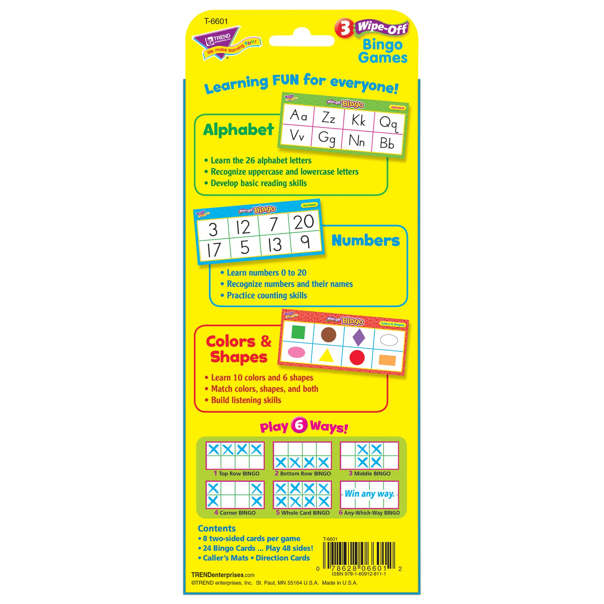 Trend Enterprise Alphabet, Numbers, Colors &#x26; Shapes Wipe-Off&#xAE; Bingo