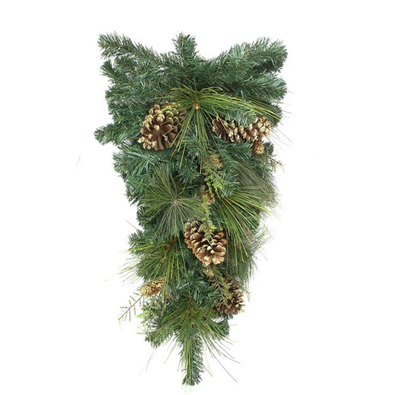 28" Unlit Mixed Pine, Pine Cones & Gold Glitter Teardrop Swag
