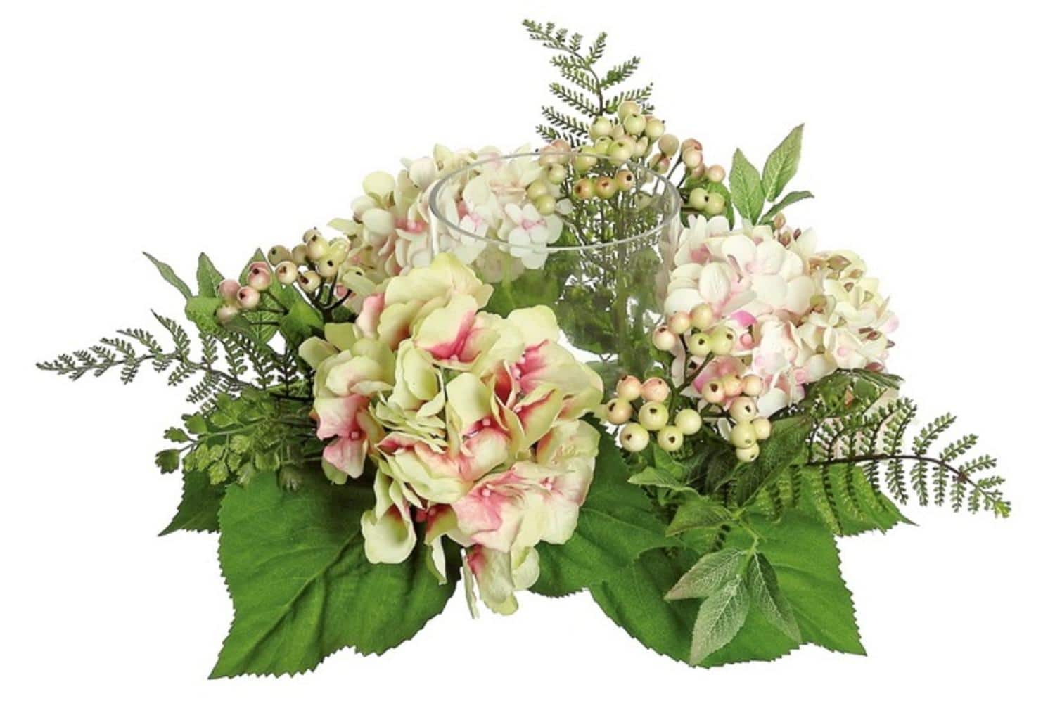 Pink & Green Hydrangea & Berry Hurricane Glass Candle Holder