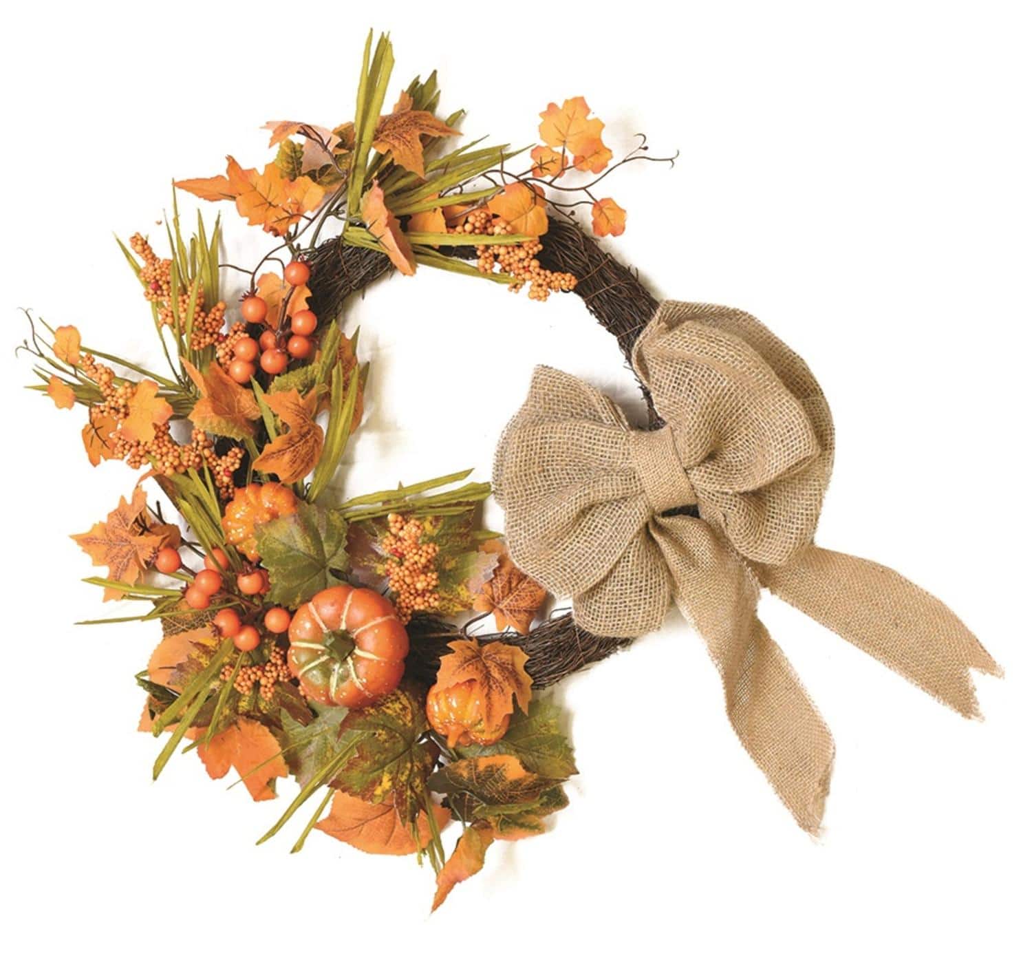 20" Autumn Harvest Decorative Artificial Pumpkins, Berries and Leaves Wreath with Burlap Bow