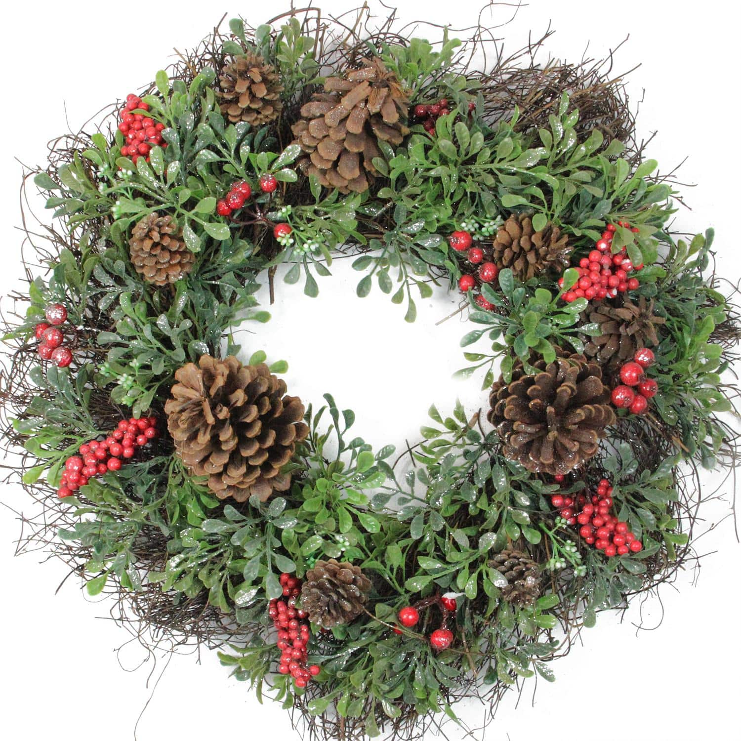 24" Glittered Artificial Boxwood Pine Cones & Red Berry Wreath, Unlit