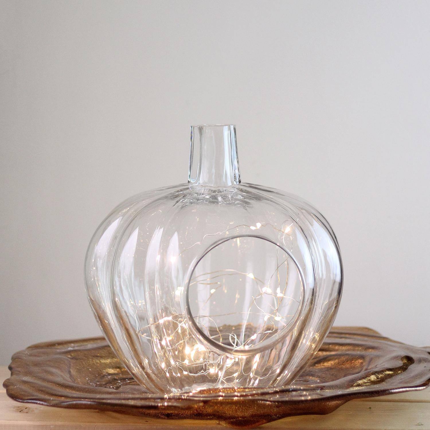 10.5" Transparent Glass Pumpkin Shaped Decorative Pillar Candle Holder