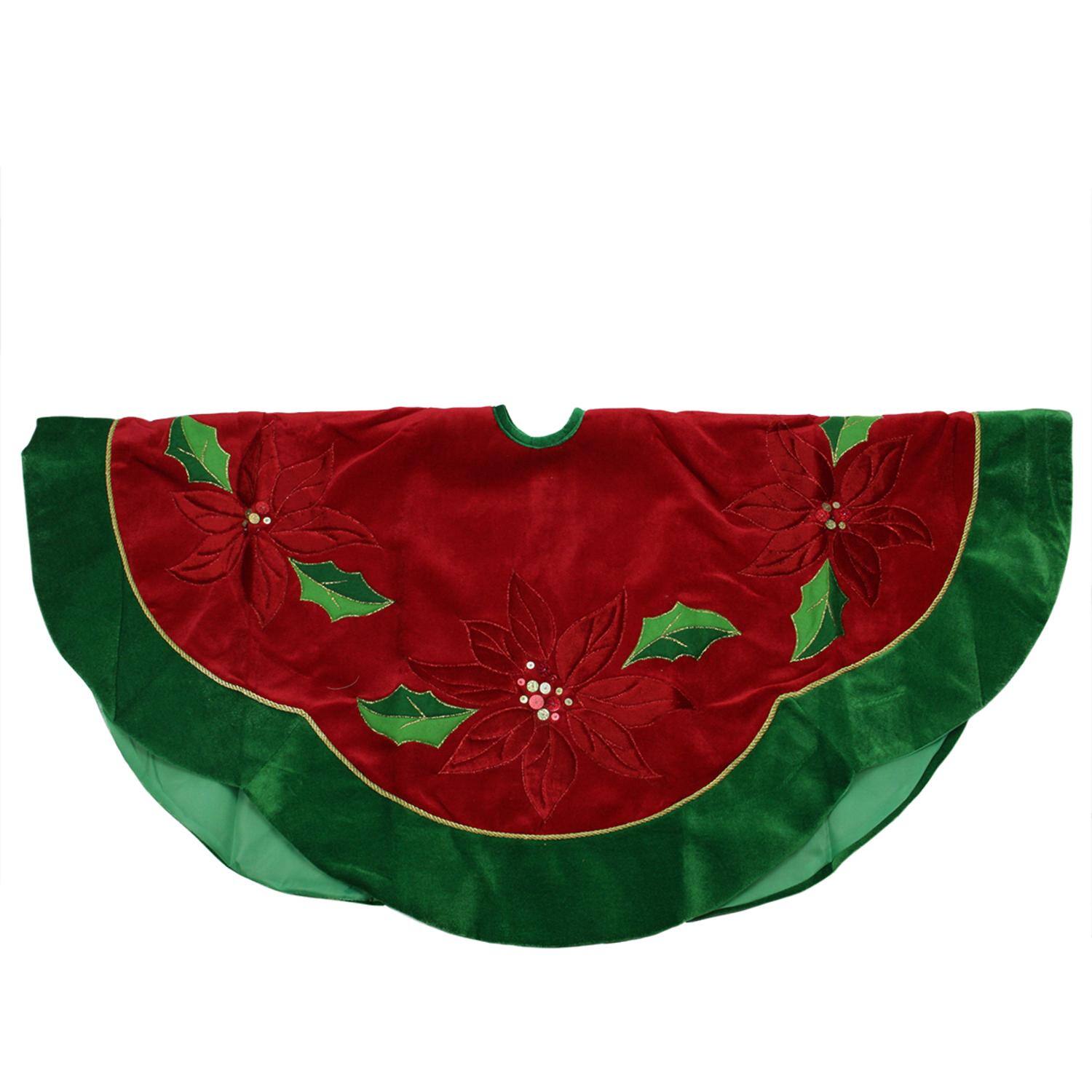48" Red Sequined Poinsettia & Velveteen Trim Tree Skirt
