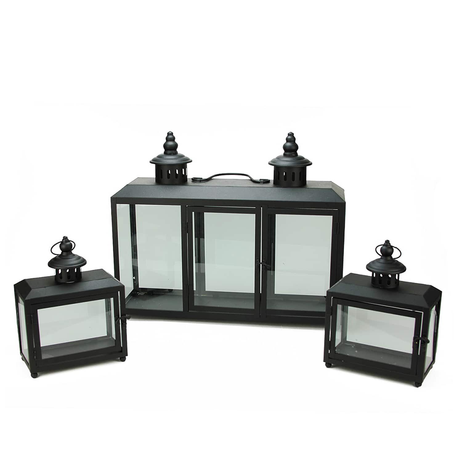 Black Wide Colonial Design Glass Pillar Candle Lanterns Set