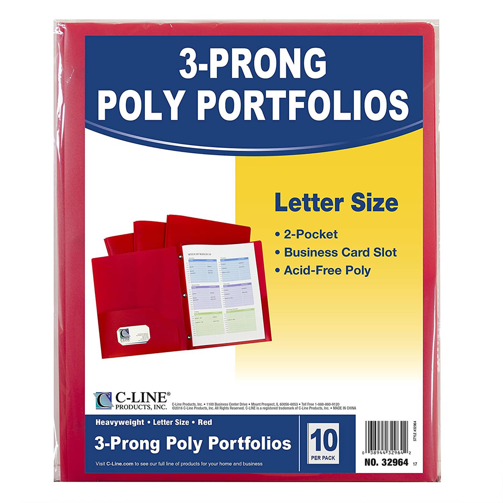 10 Packs: 10 ct. (100 total) C-Line&#xAE; Red Two-Pocket Heavyweight Poly Portfolio Folder with Prongs