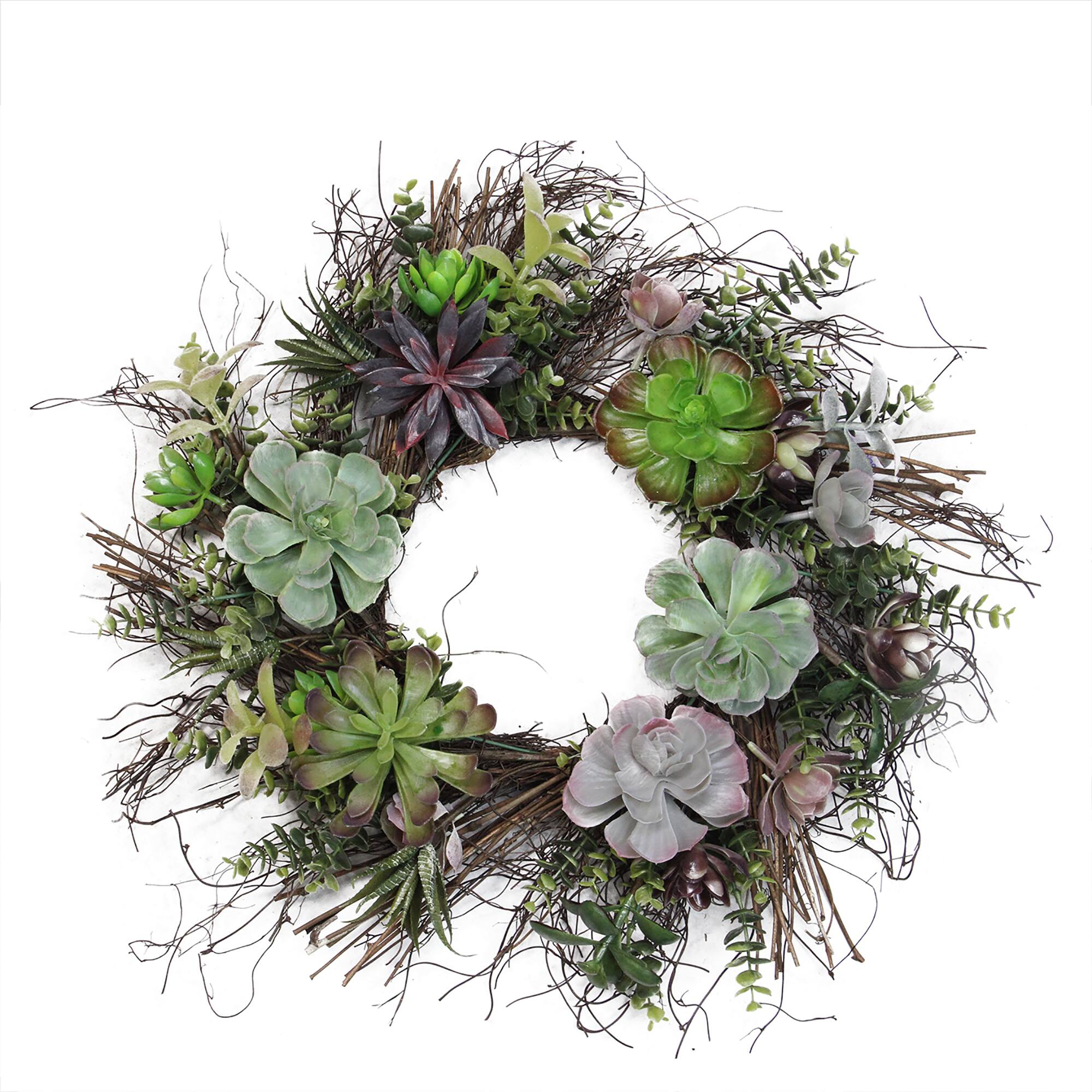22" Green Succulent Mix & Spiral Vine Wreath