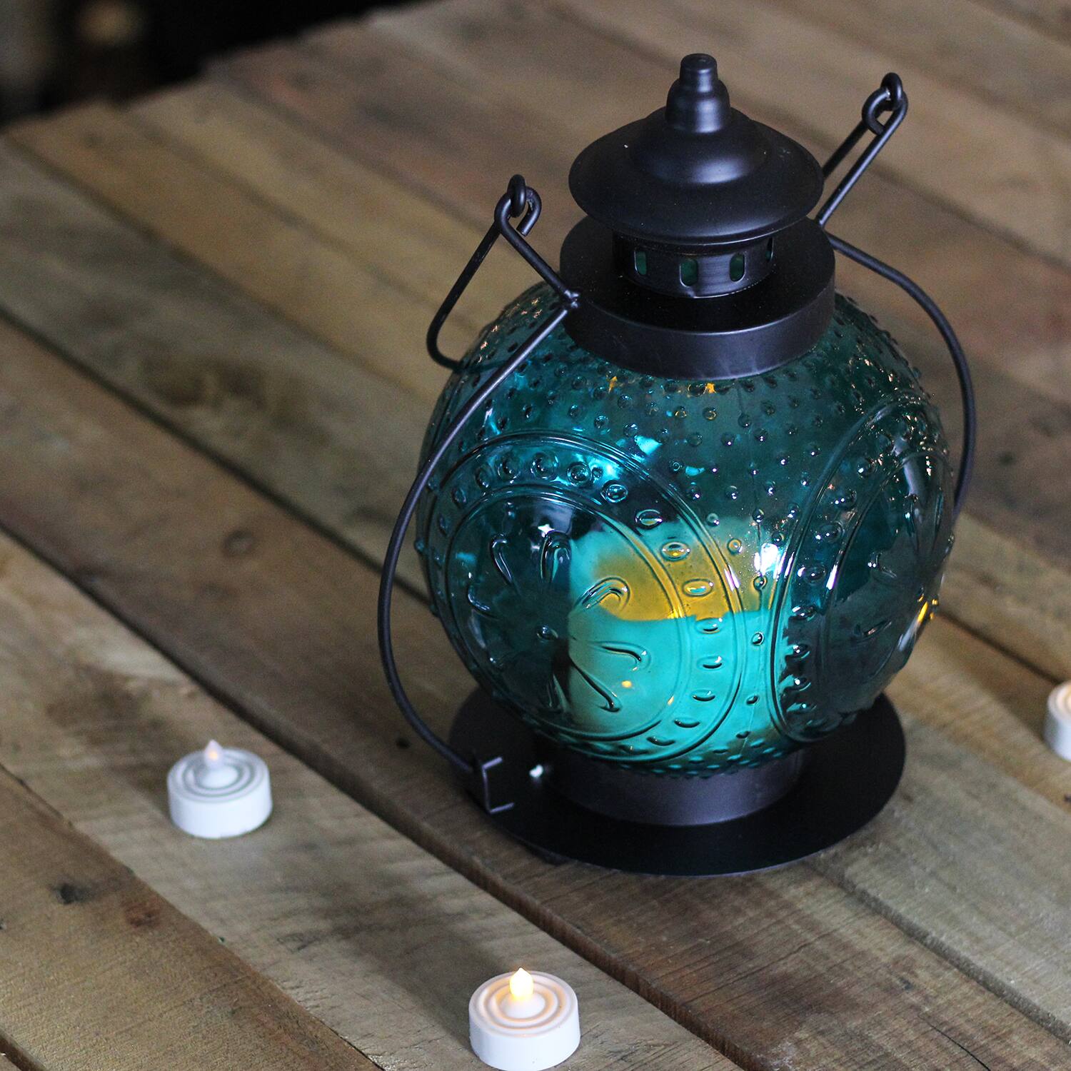 Ocean Blue Molded Glass Lantern with LED Pillar Timer Candle