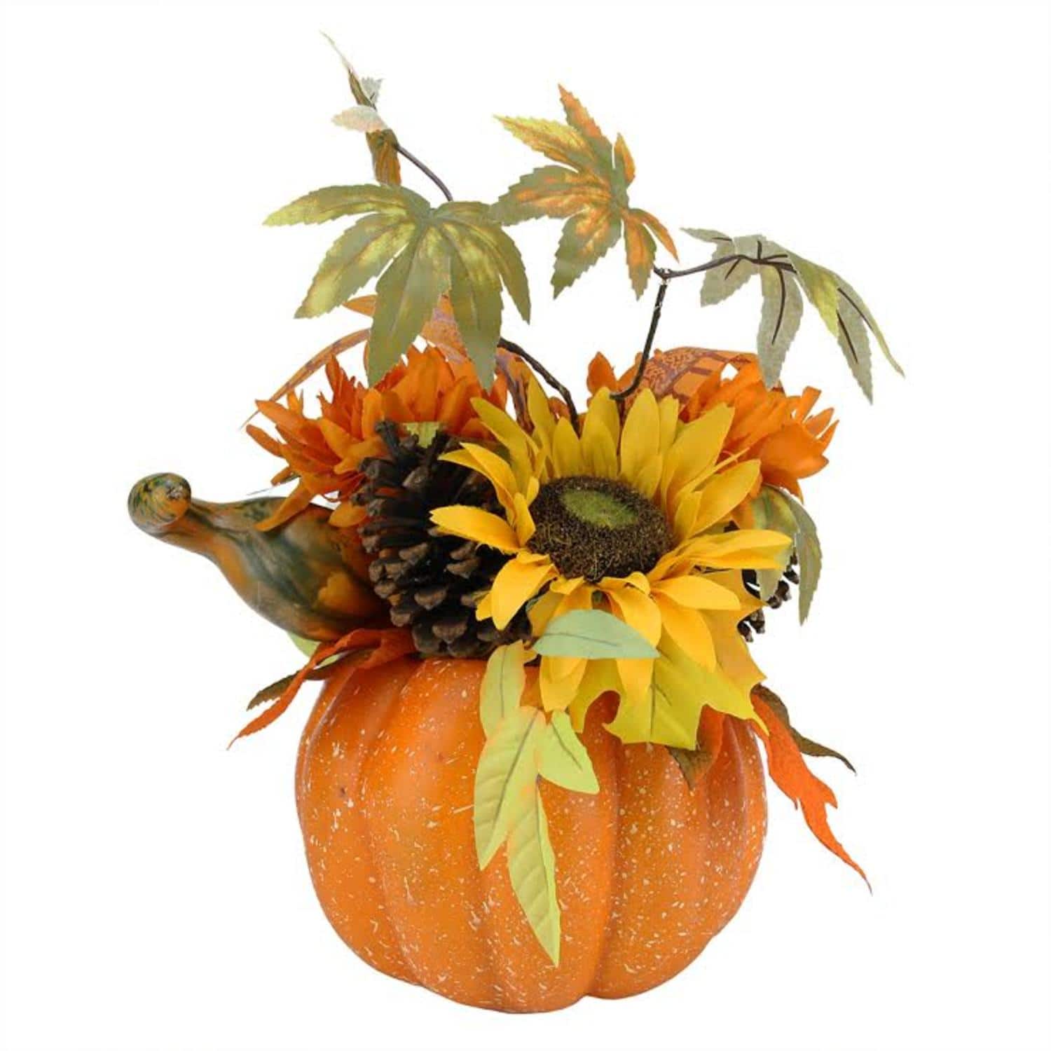 10" Autumn Harvest Pumpkin with Sunflowers, Mums & Pine Cones Décor
