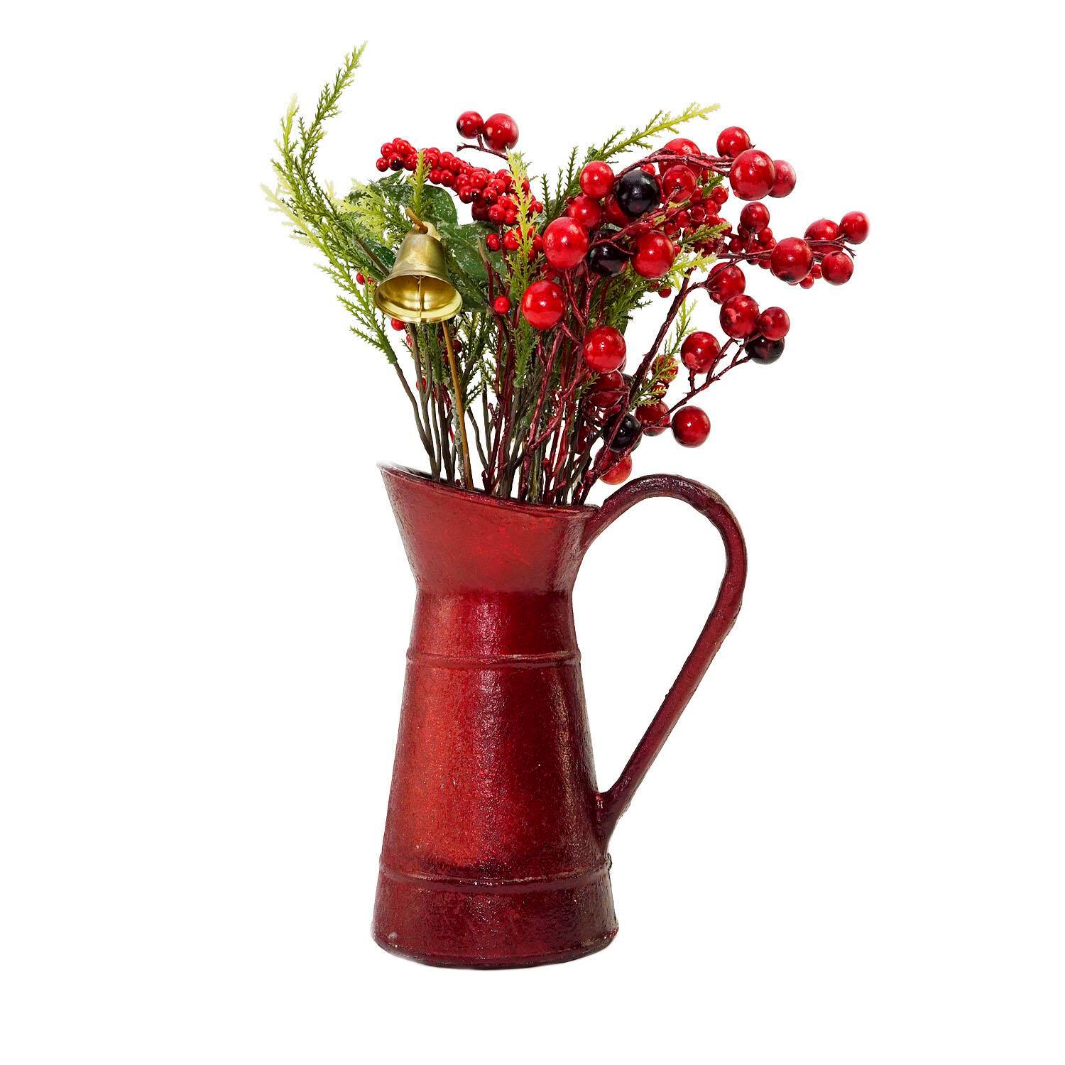 13" Red Berry & Foliage with Bell in Vintage Milk Jug