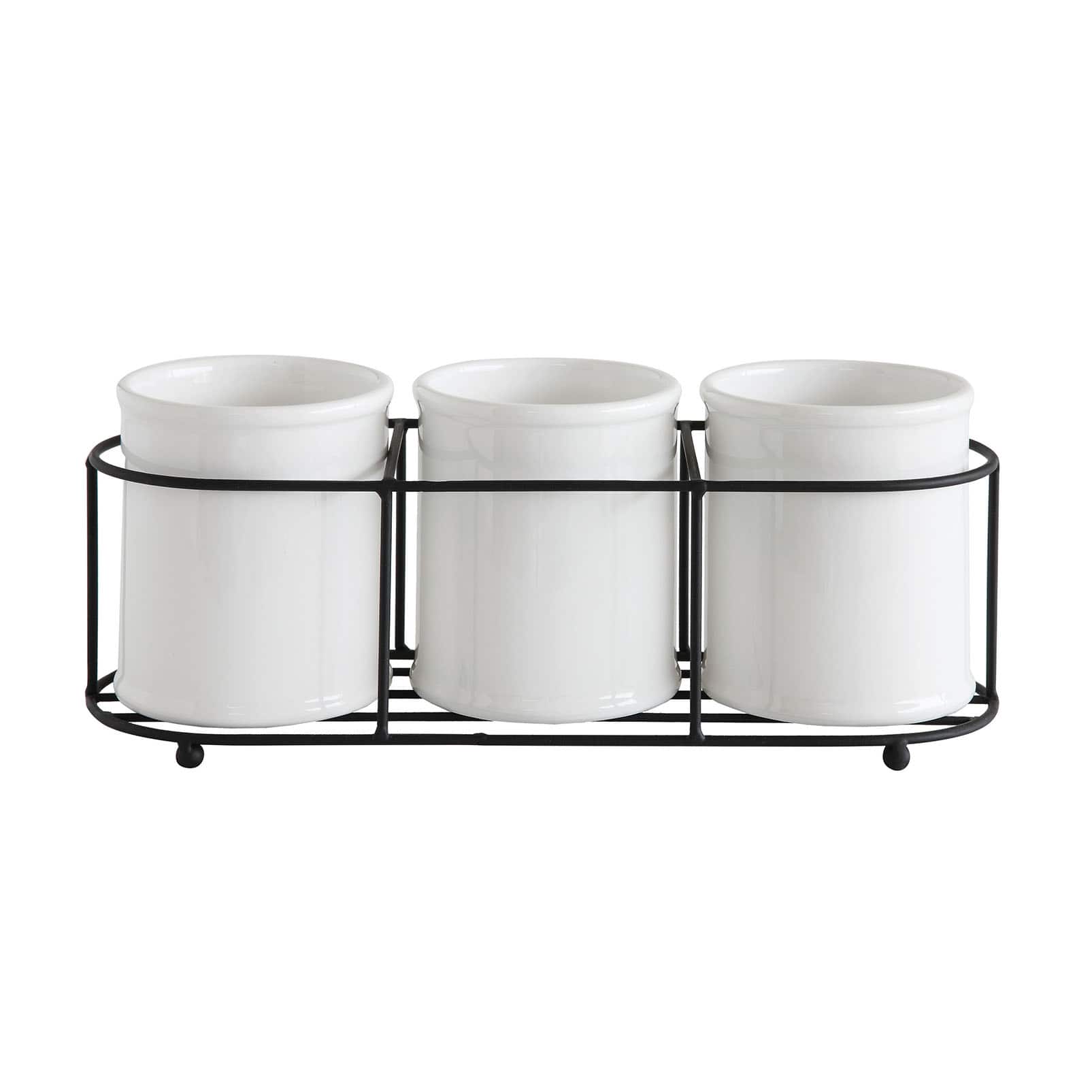 White Ceramic Containers In Metal Holder