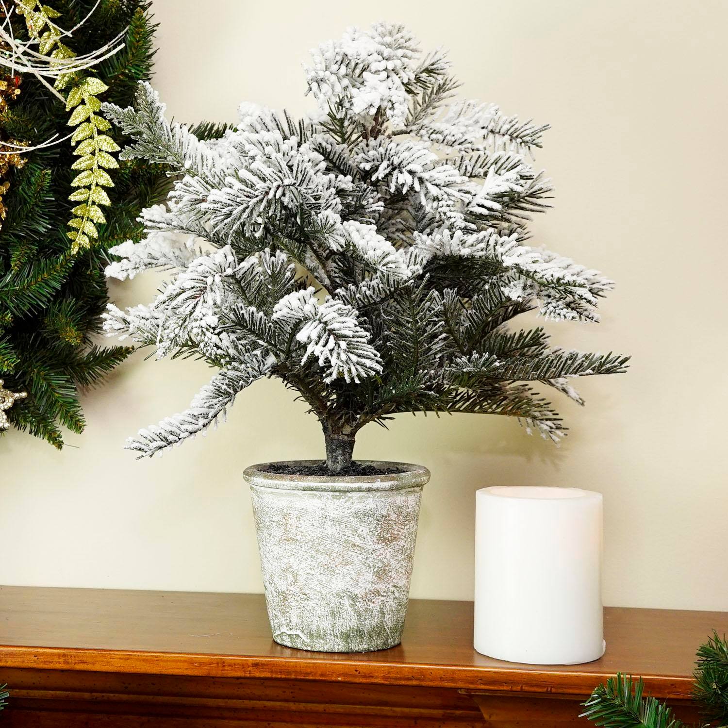 20" Flocked Pine Tree in Faux Paper Pot