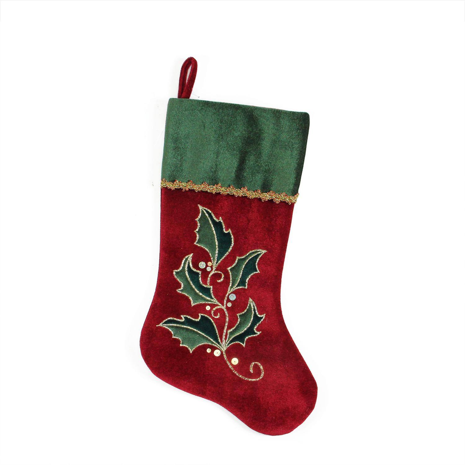 20.5&#x22; Holly Embroidered Velvet Stocking