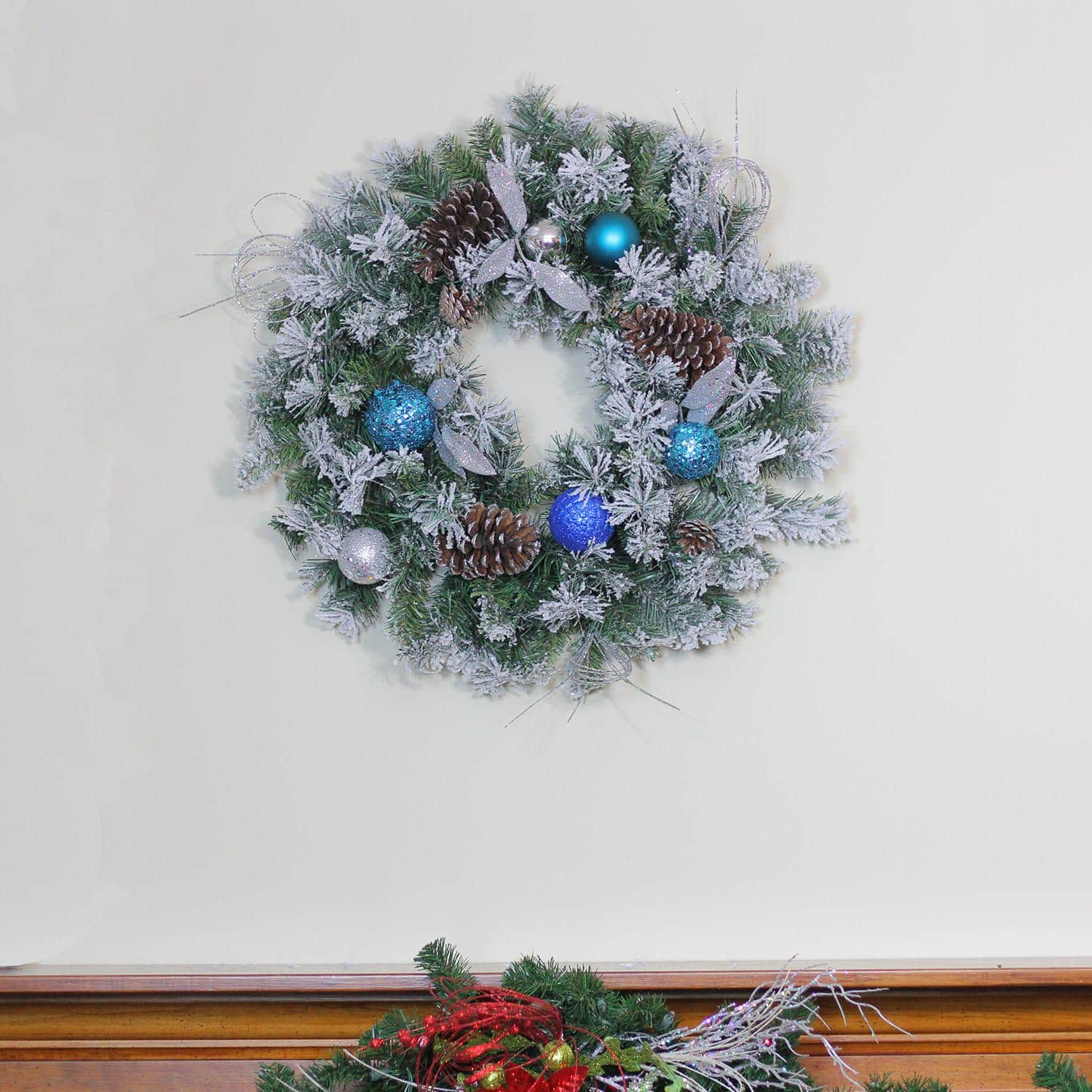 24" Teal & Silver Ball Flocked with Pinecones Artificial Wreath