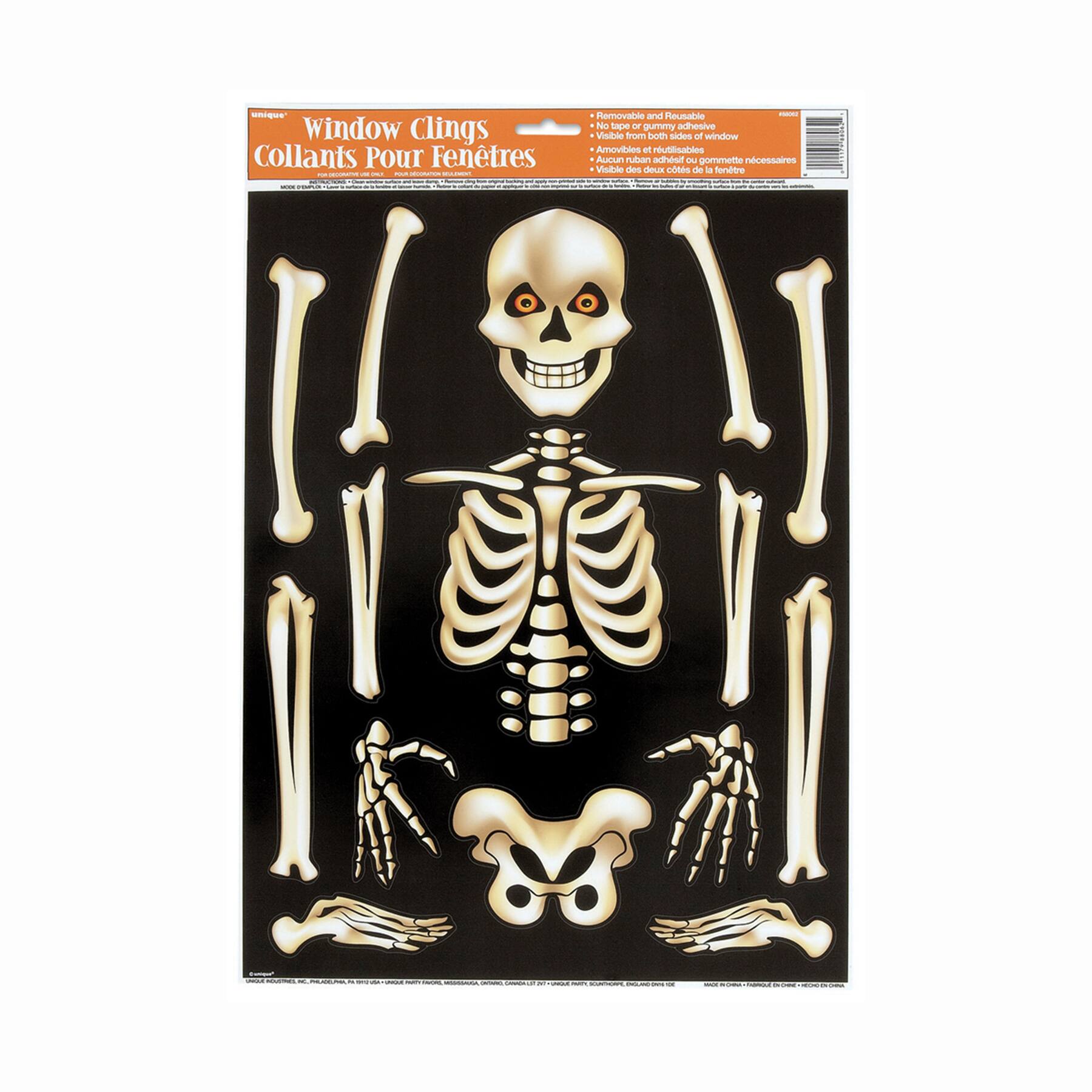 Skeleton Unique Window Clings Great for Halloween. Removable and Reusable 