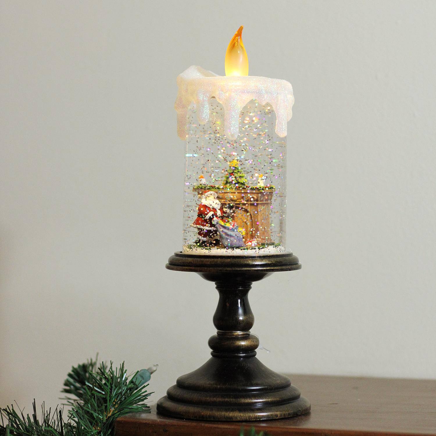 10.25&#x22; LED Flameless Glitter Snow Dome Santa Candle