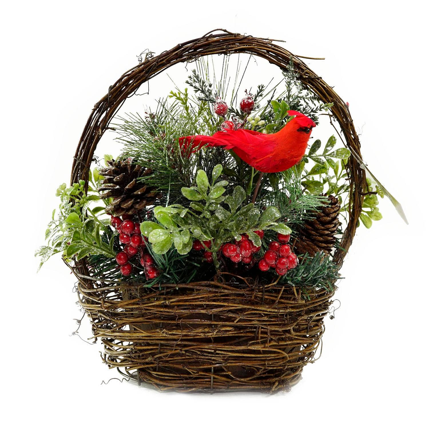 12&#x22; Red Cardinal with Foliage in Twig Basket Decoration