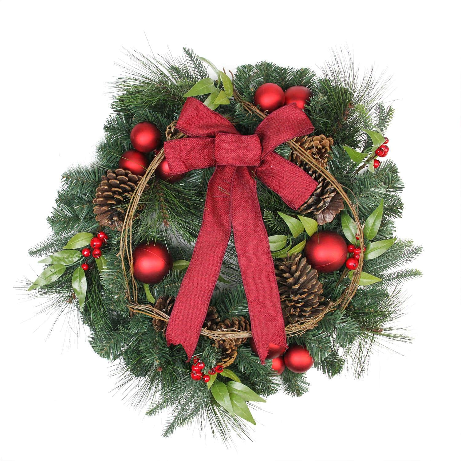 24" Red Ball Ornaments & Pinecones Artificial Pine Wreath