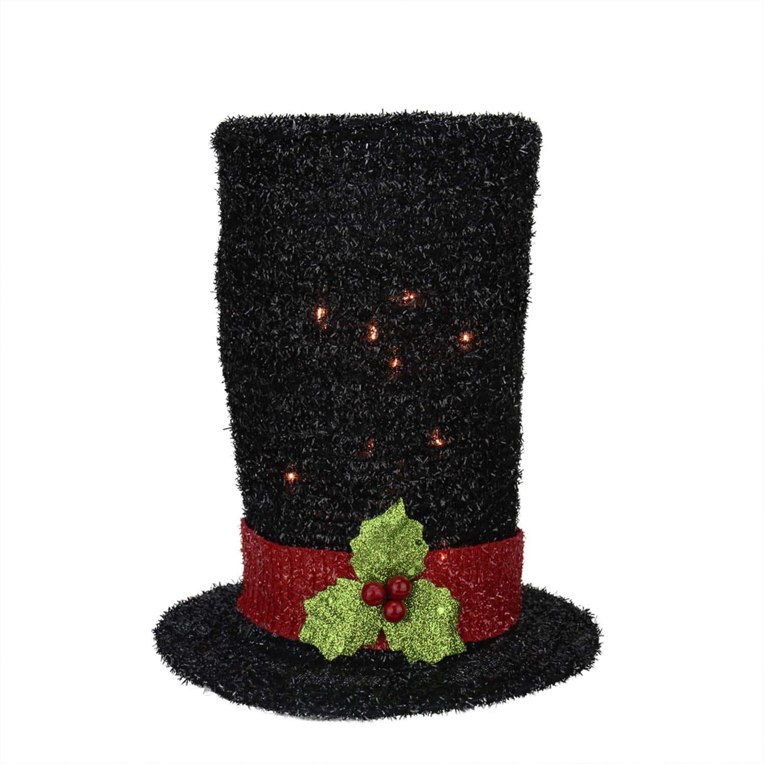 9" Lighted Black Tinsel Snowman Top Hat Christmas Tree Topper, Clear Lights