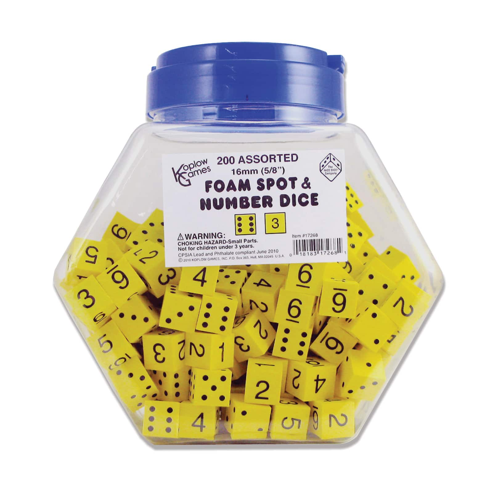 Koplow Games 5/8&#x22; Bright Yellow Spot &#x26; Number Foam Dice, 200 Count