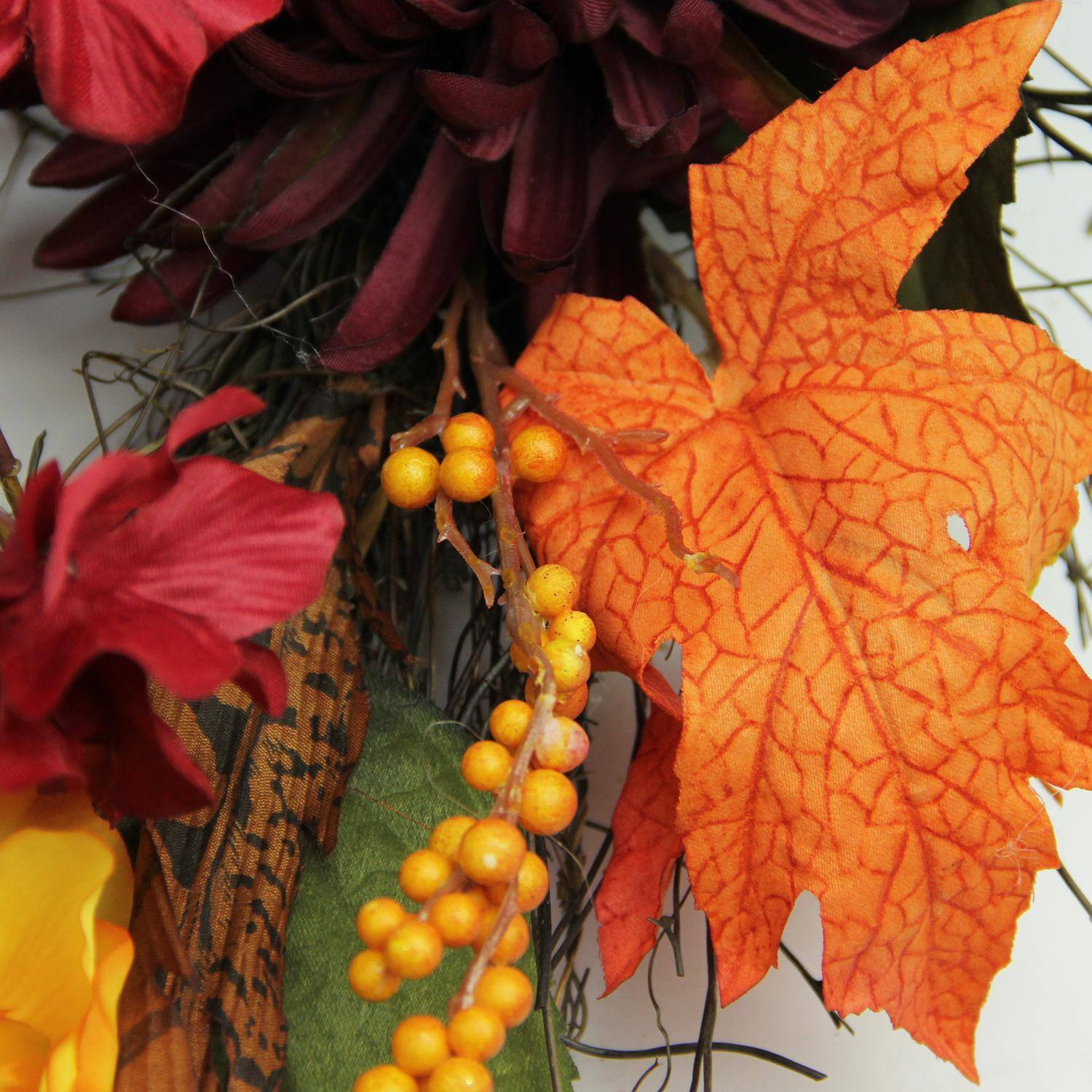 24&#x22; Autumn Harvest Peony, Mum &#x26; Feather Thanksgiving Wreath, Unlit