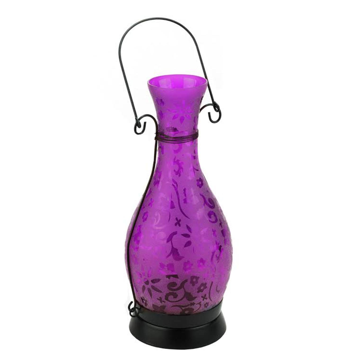 12.5" Glass Bottle Tea Light Candle Lantern with Flower Etching, Purple