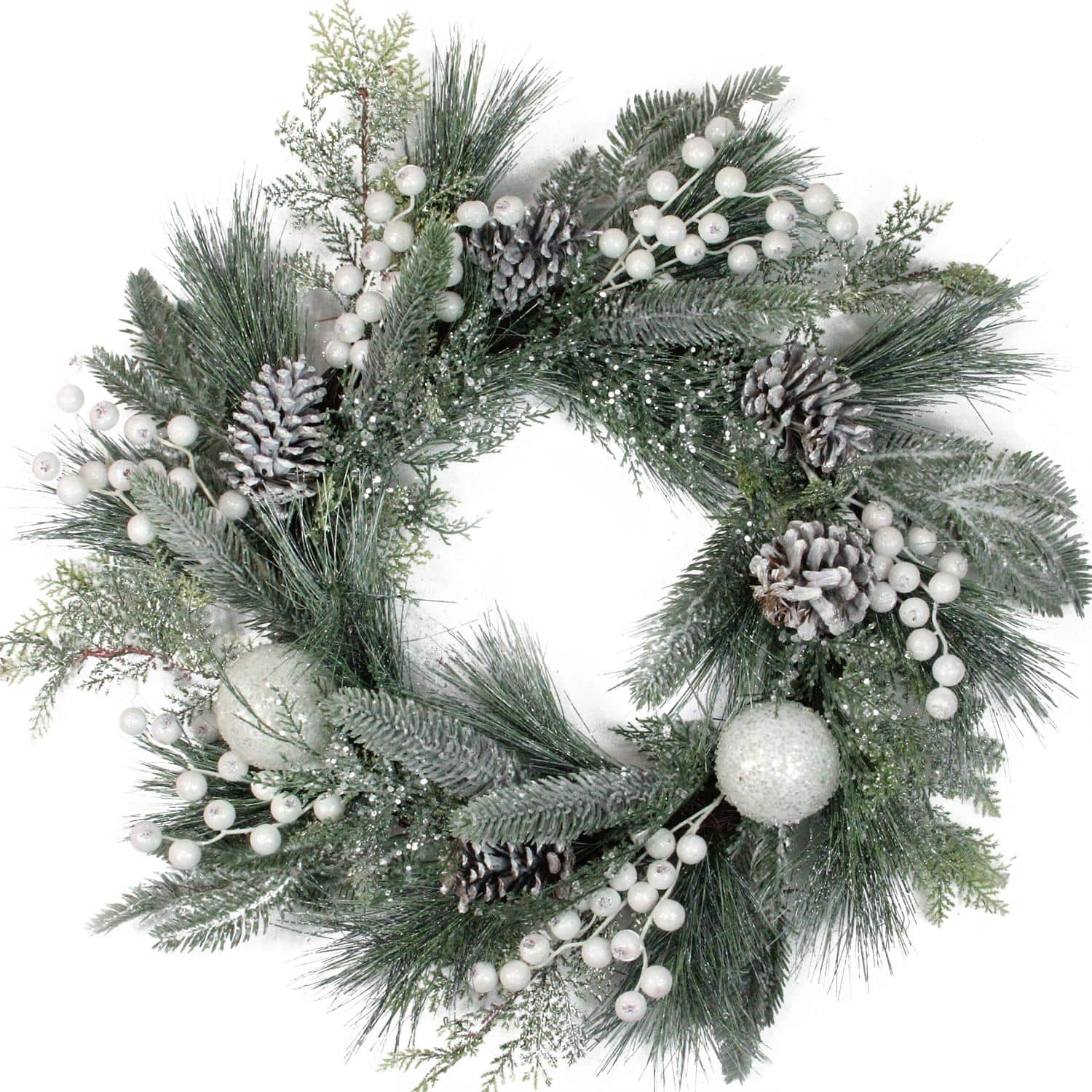 24" Frosted Artificial Mixed Pine and Pine Cone Wreath with Berries, Unlit