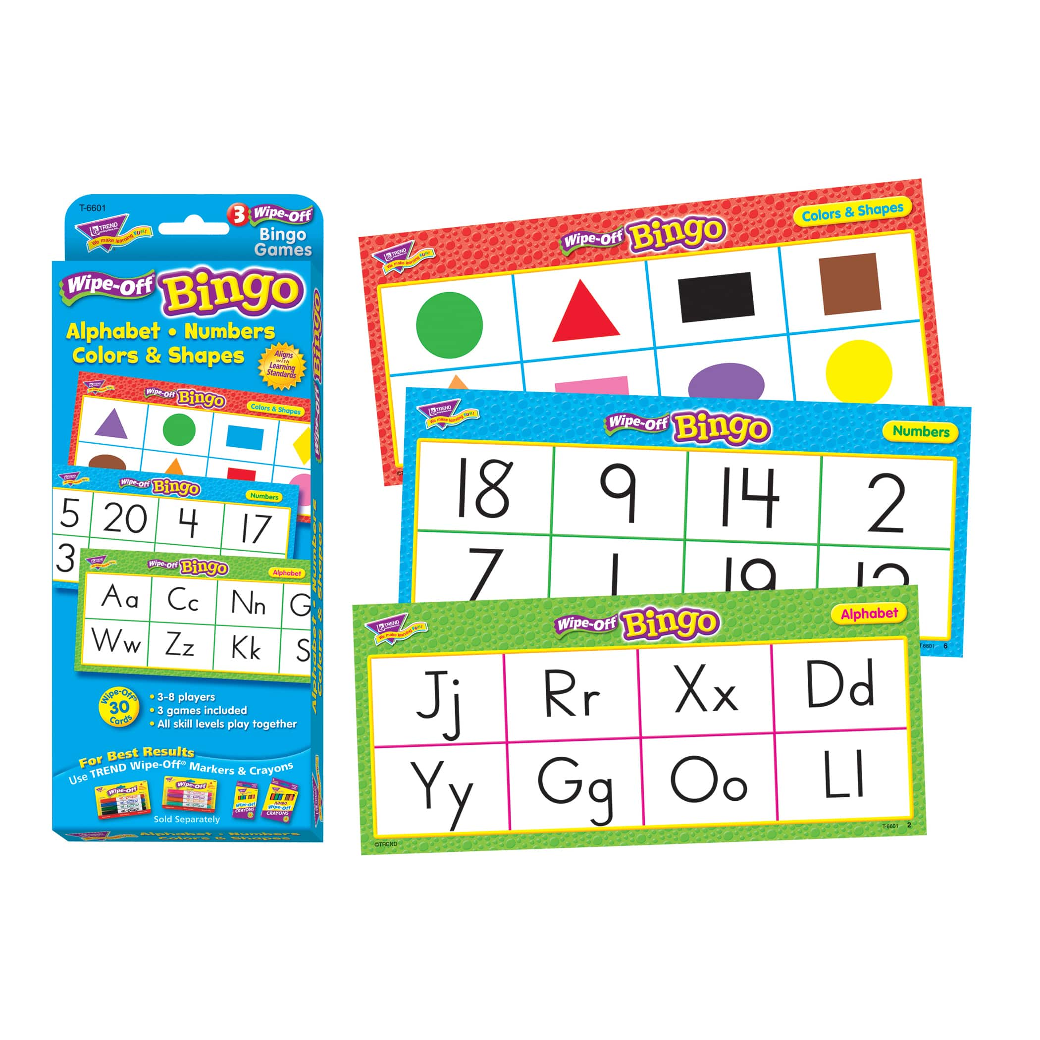 Trend Enterprise Alphabet, Numbers, Colors &#x26; Shapes Wipe-Off&#xAE; Bingo