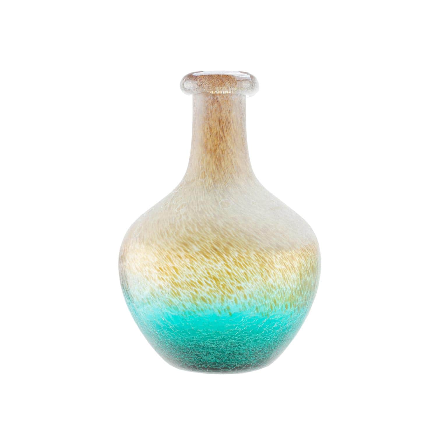 12.25" Crackled & Frosted Glass Vase, Teal Blue & Brown