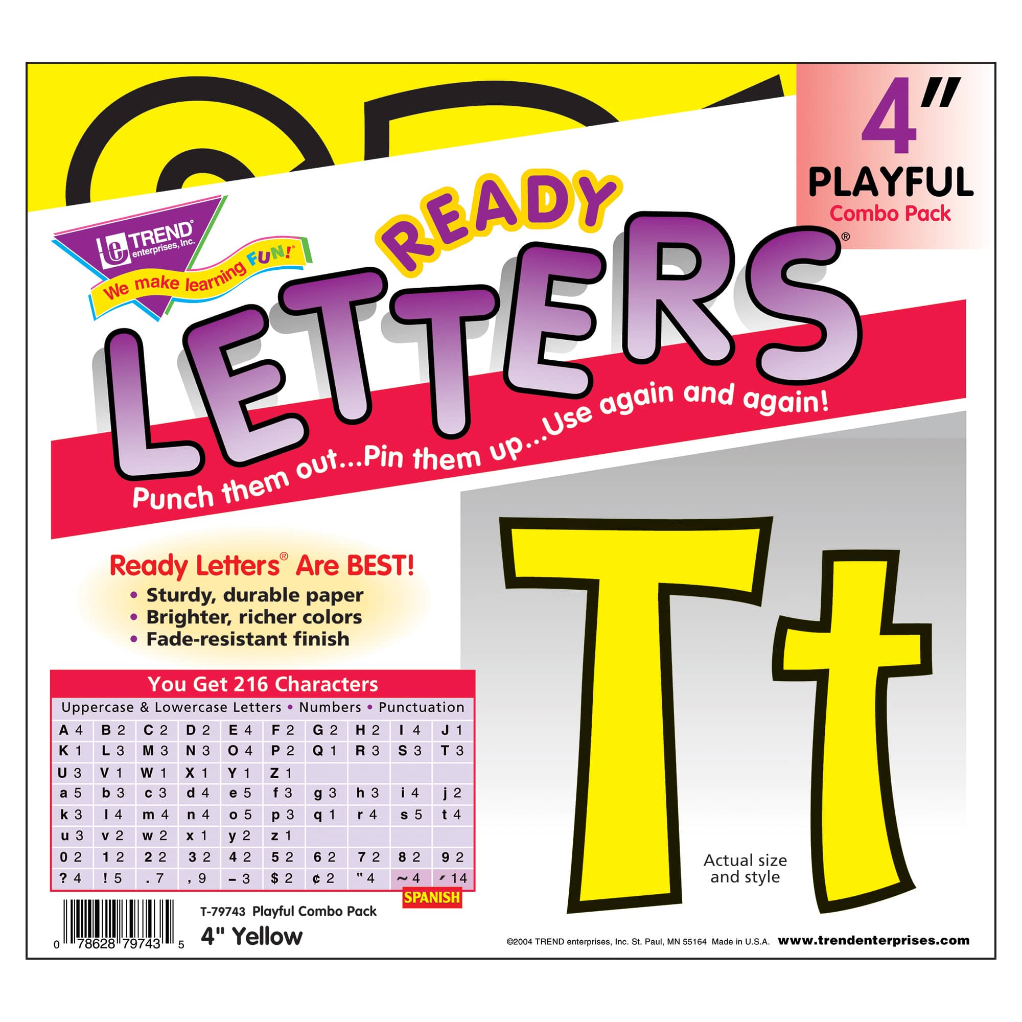 Trend Enterprises® 4" Playful English/Spanish Combination Ready Letters®, 6 Packs