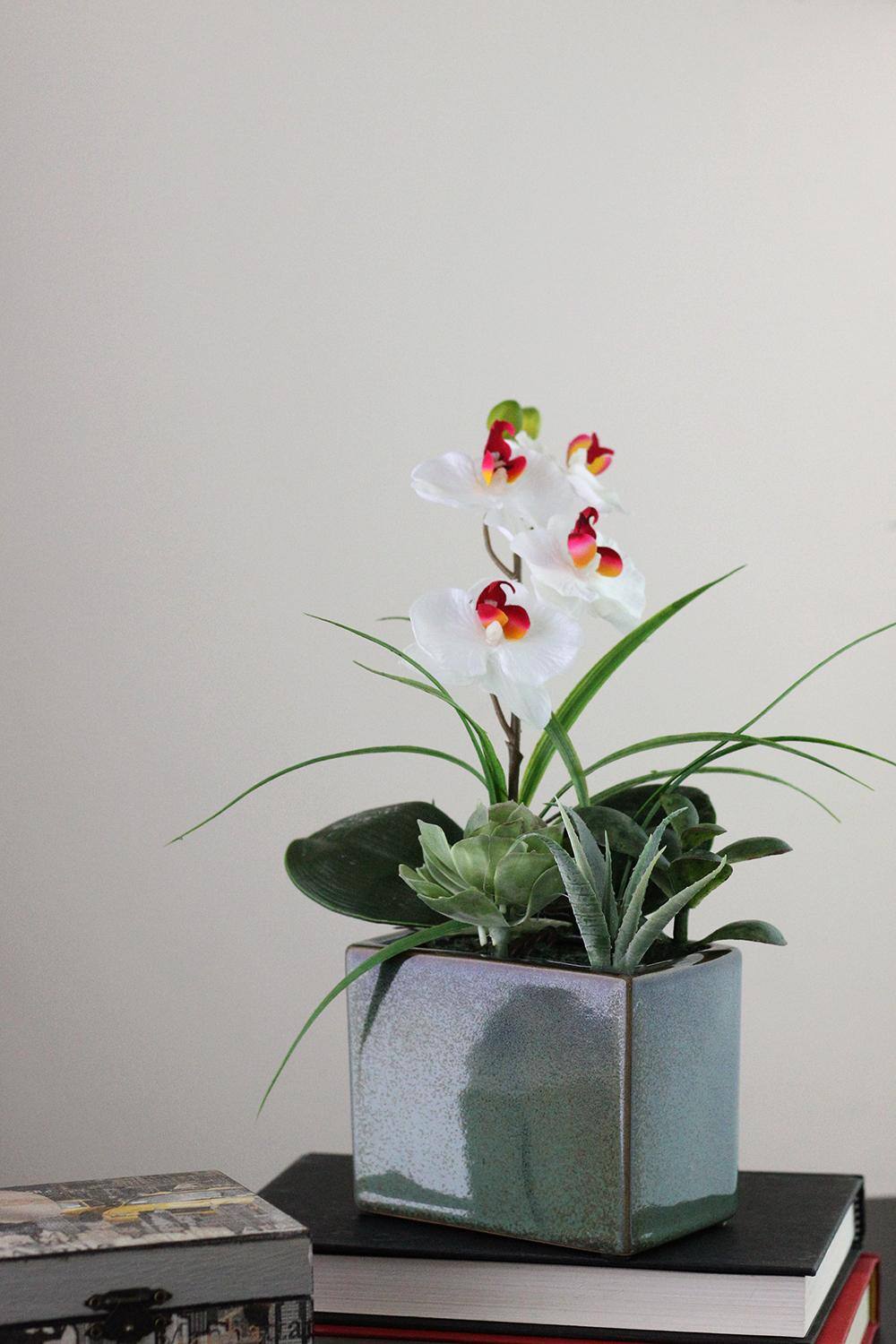 12" White Springtime Easter Orchid & Succulents Artificial Arrangement In Planter