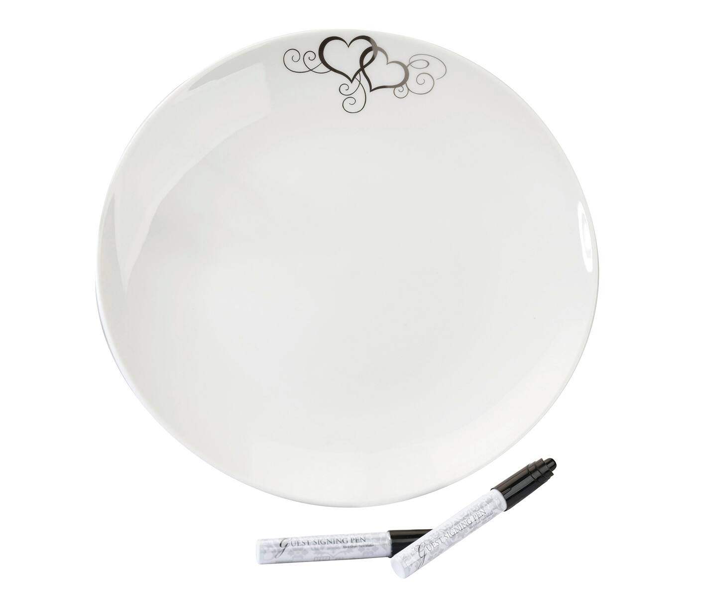 Round Silver Heart Guest Signing Plate with 2 Pen Wedding Guest Book Alternative 