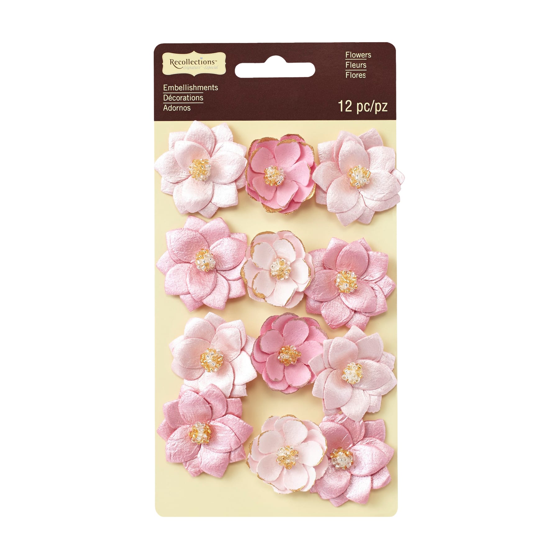 12 Packs: 12 ct. (144 total) Signature&#x2122; Gold Tipped Pink Flower Embellishments by Recollections&#x2122;