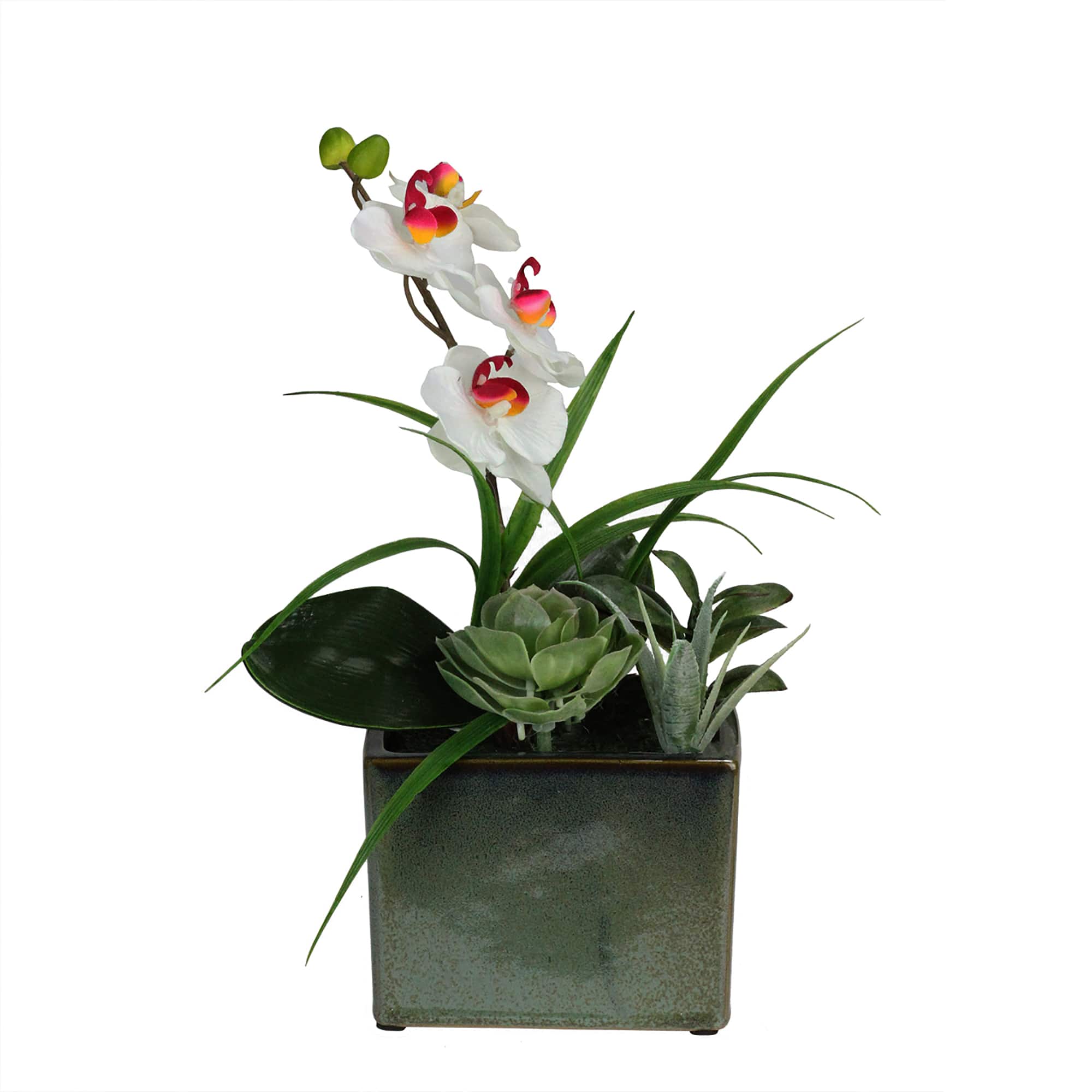 12&#x22; White Springtime Easter Orchid &#x26; Succulents Artificial Arrangement In Planter