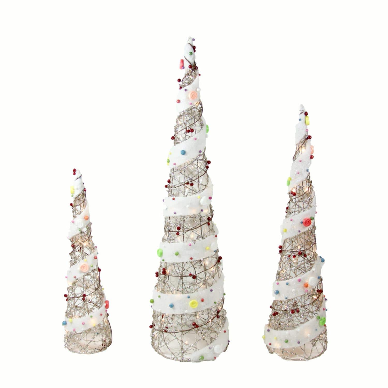 Set of 3 Lighted Champagne Gold Rattan Candy Covered Cone Tree Christmas Yard Art Decorations 39.25&#x22;