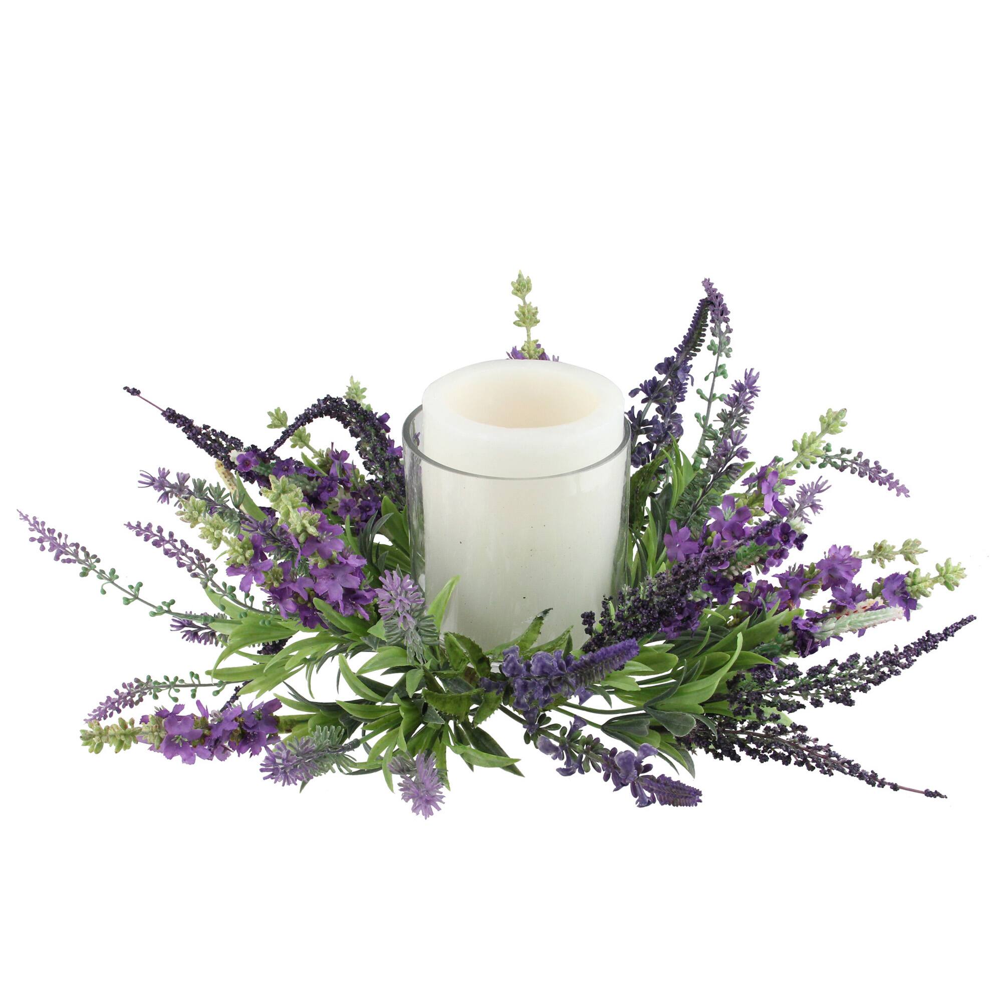 15" Purple Artificial Lavender Hurricane Glass Candle Holder