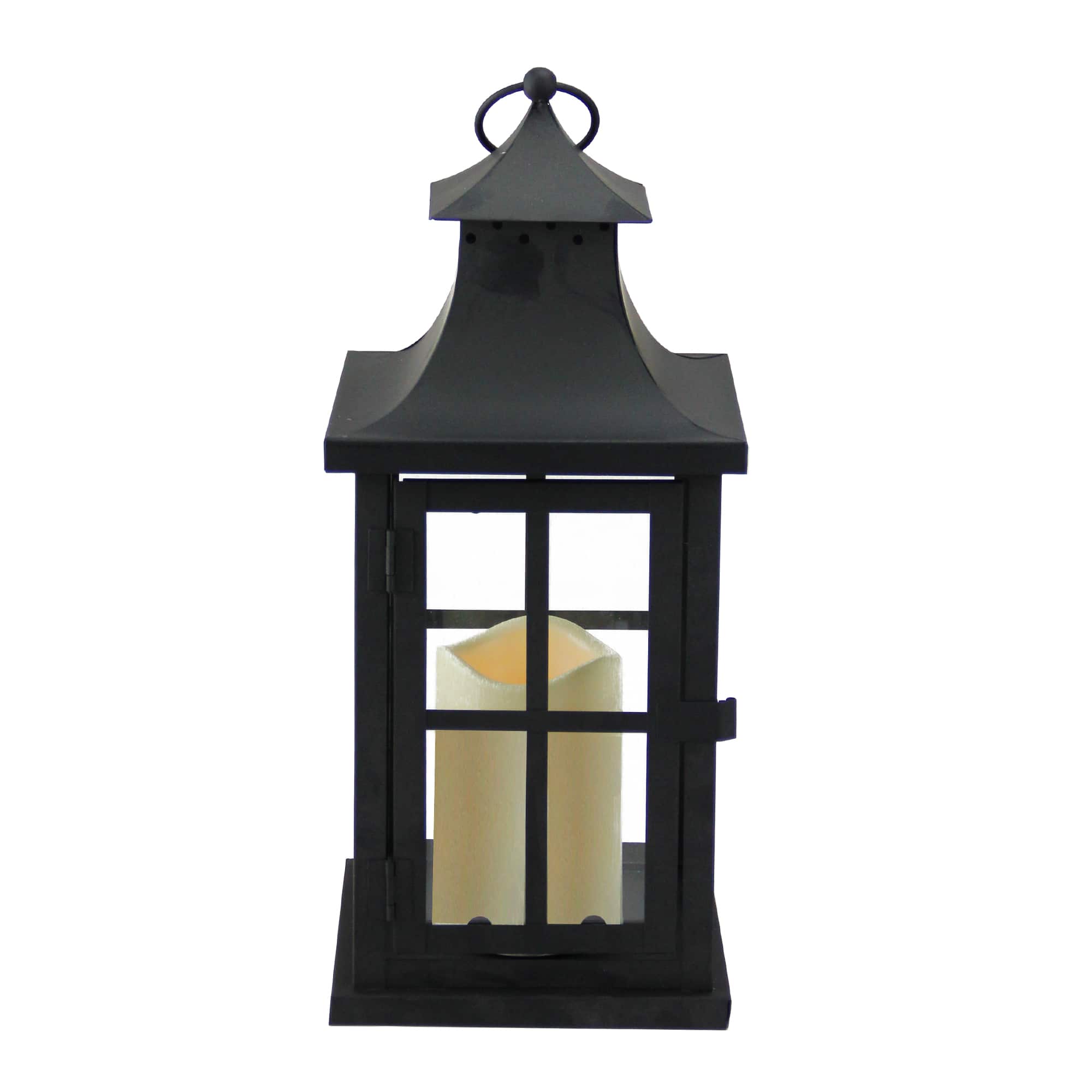 14" Asian Iron Lantern with LED Pillar Candle, Black