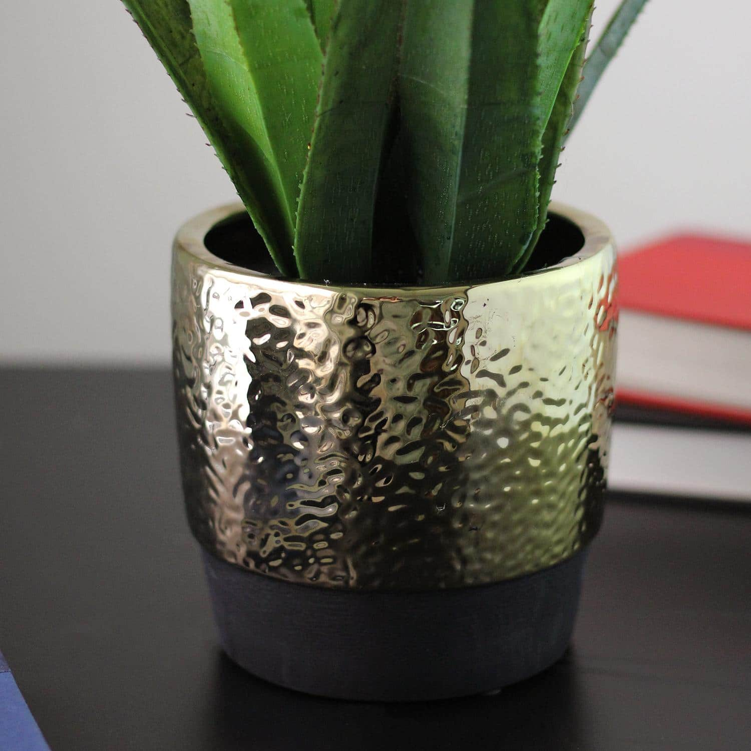 17&#x22; Green Artificial Agave in Hammered Gold Look Ceramic Pot