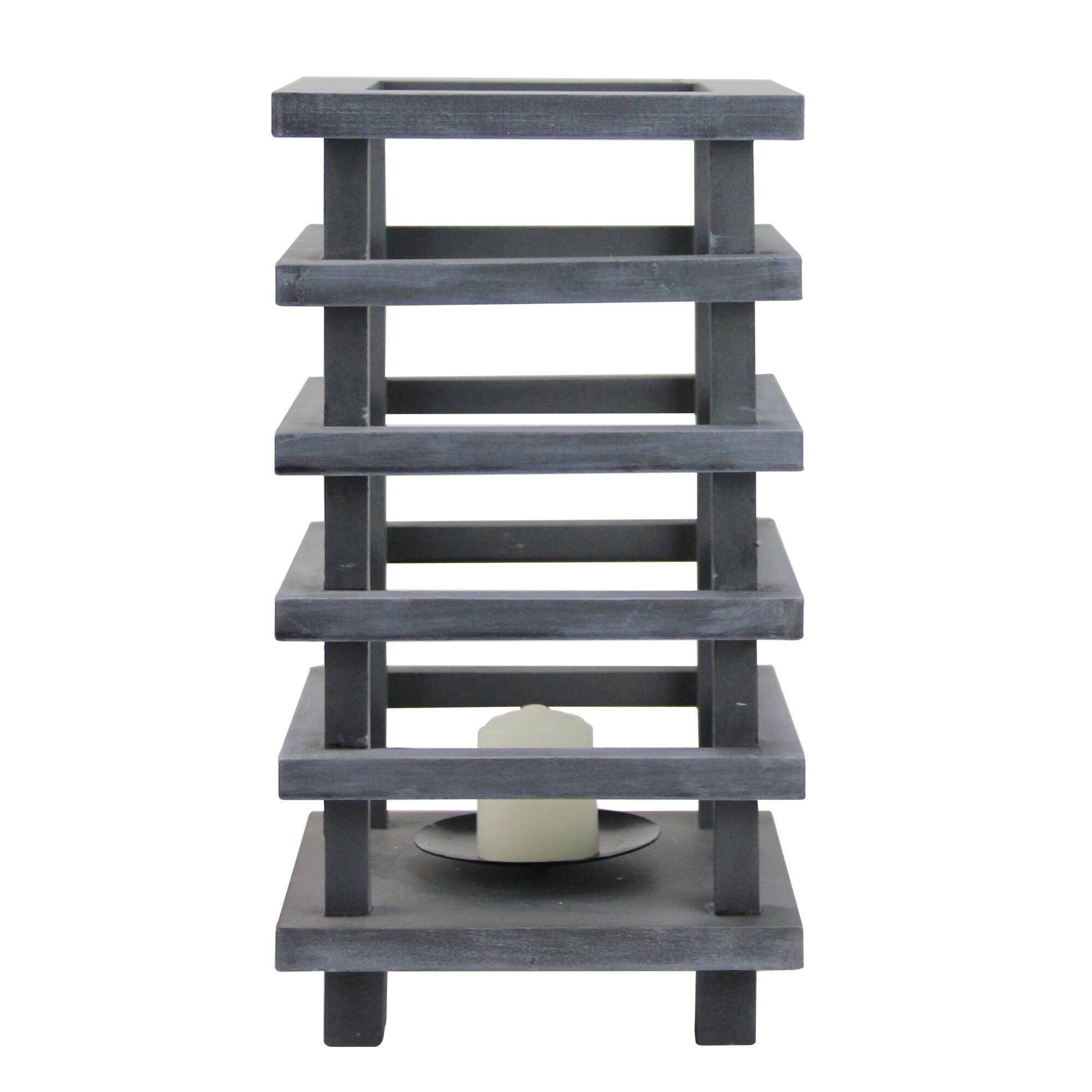 13" Gray Wooden Pagoda Tower Pillar Candle Holder