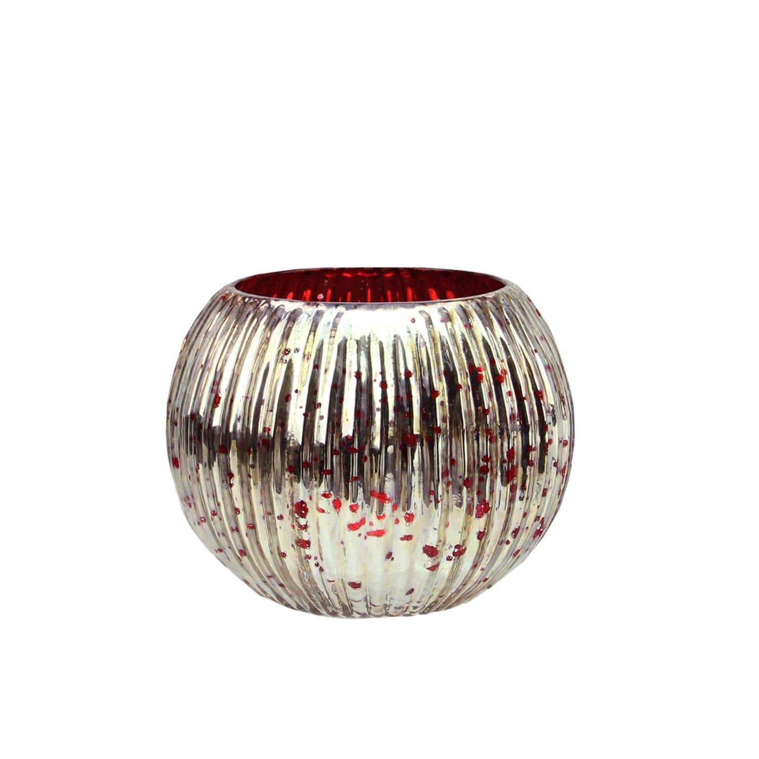3.25&#x22; Red &#x26; Silver Ribbed Round Mercury Glass Votive Candle Holders, Set Of 4